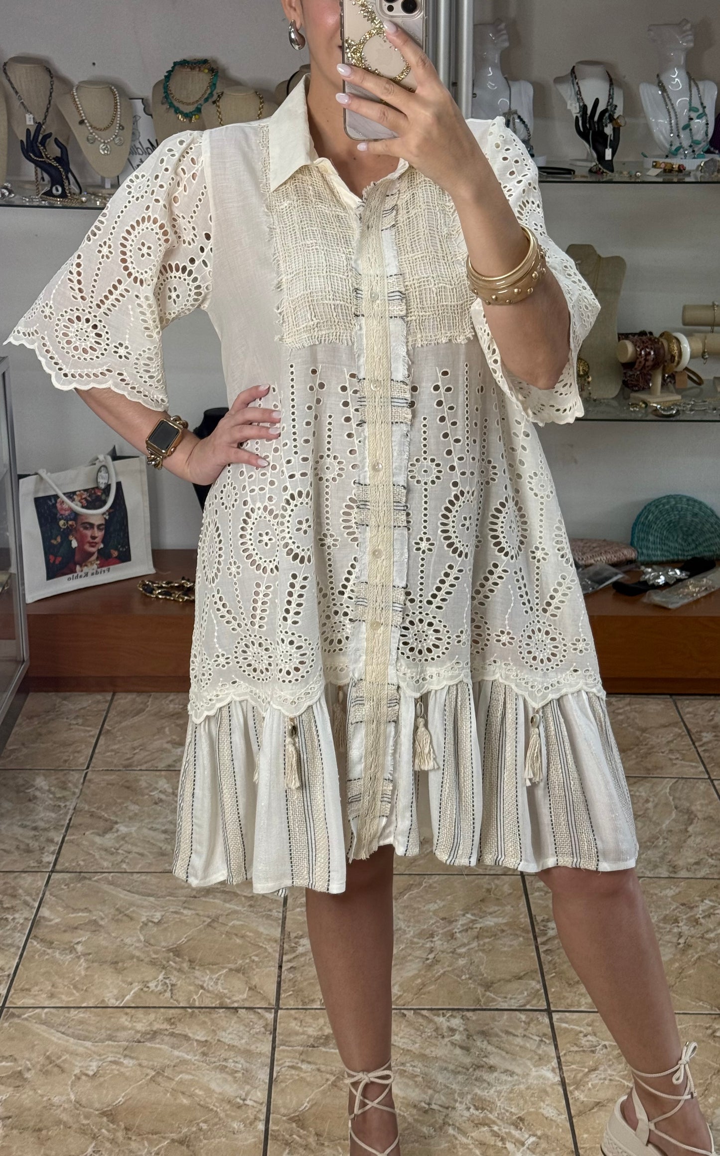 Natural Eyelet Button Down Dress