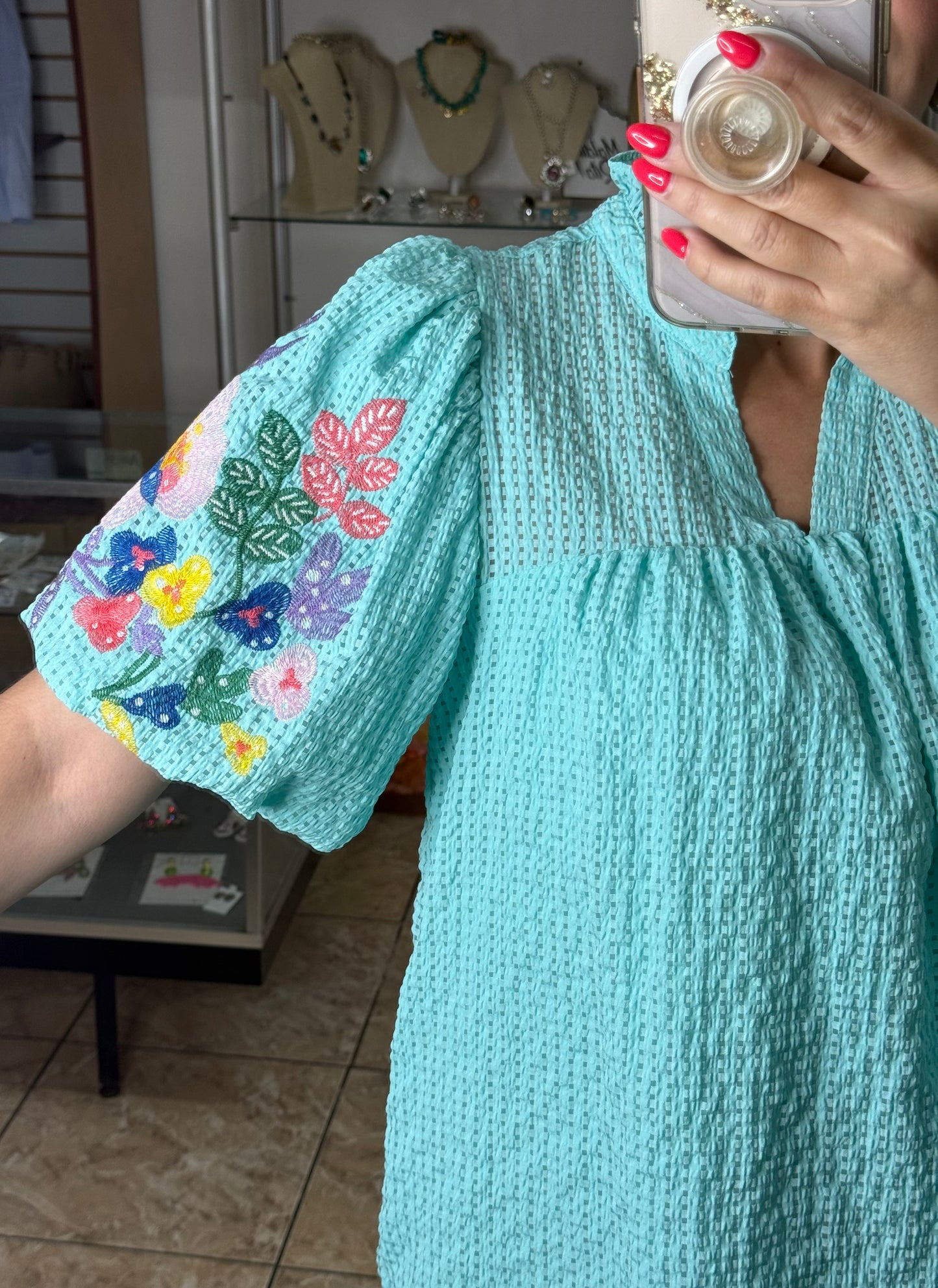 Mint Blue Embroidered Top