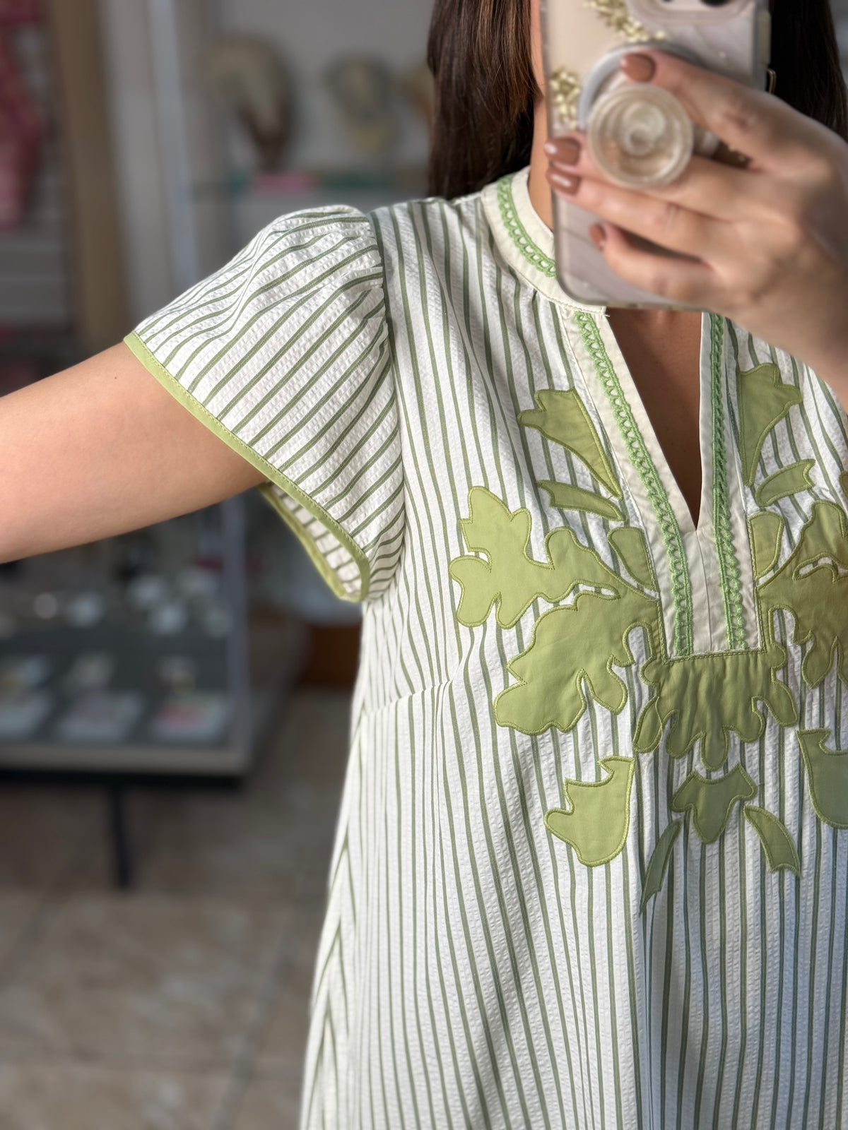 Sage Stripes Embroidered Midi Dress
