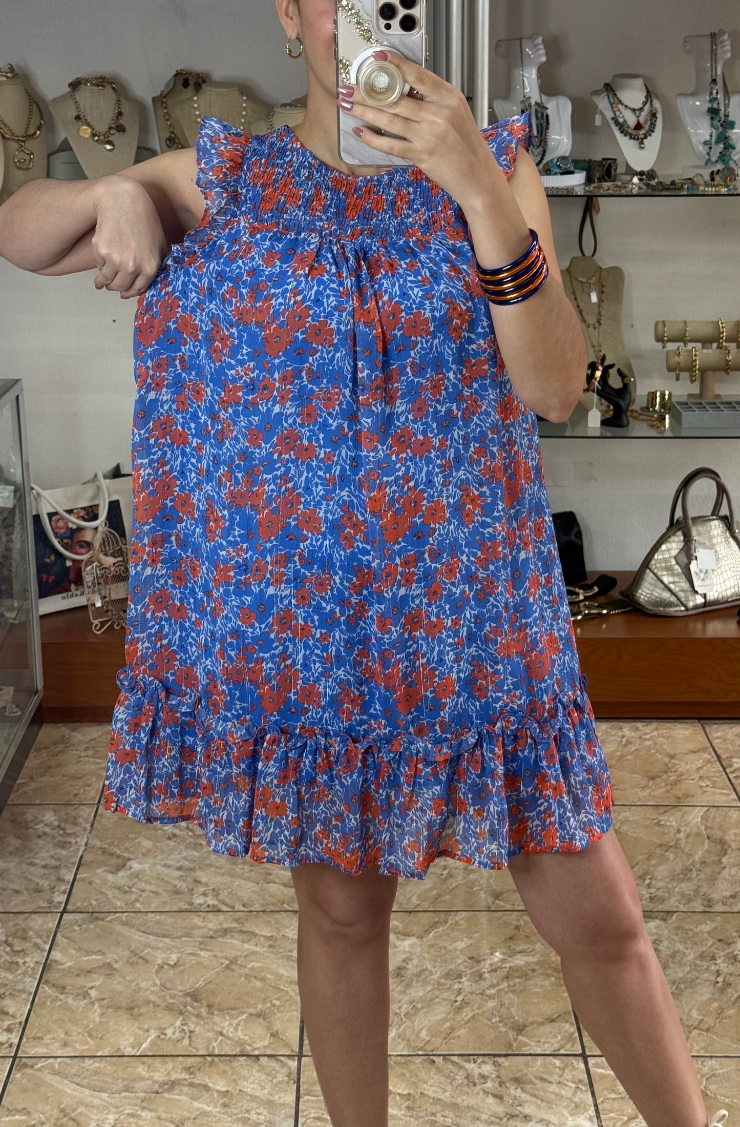 Blue/Orange Floral Sleeveless Dress