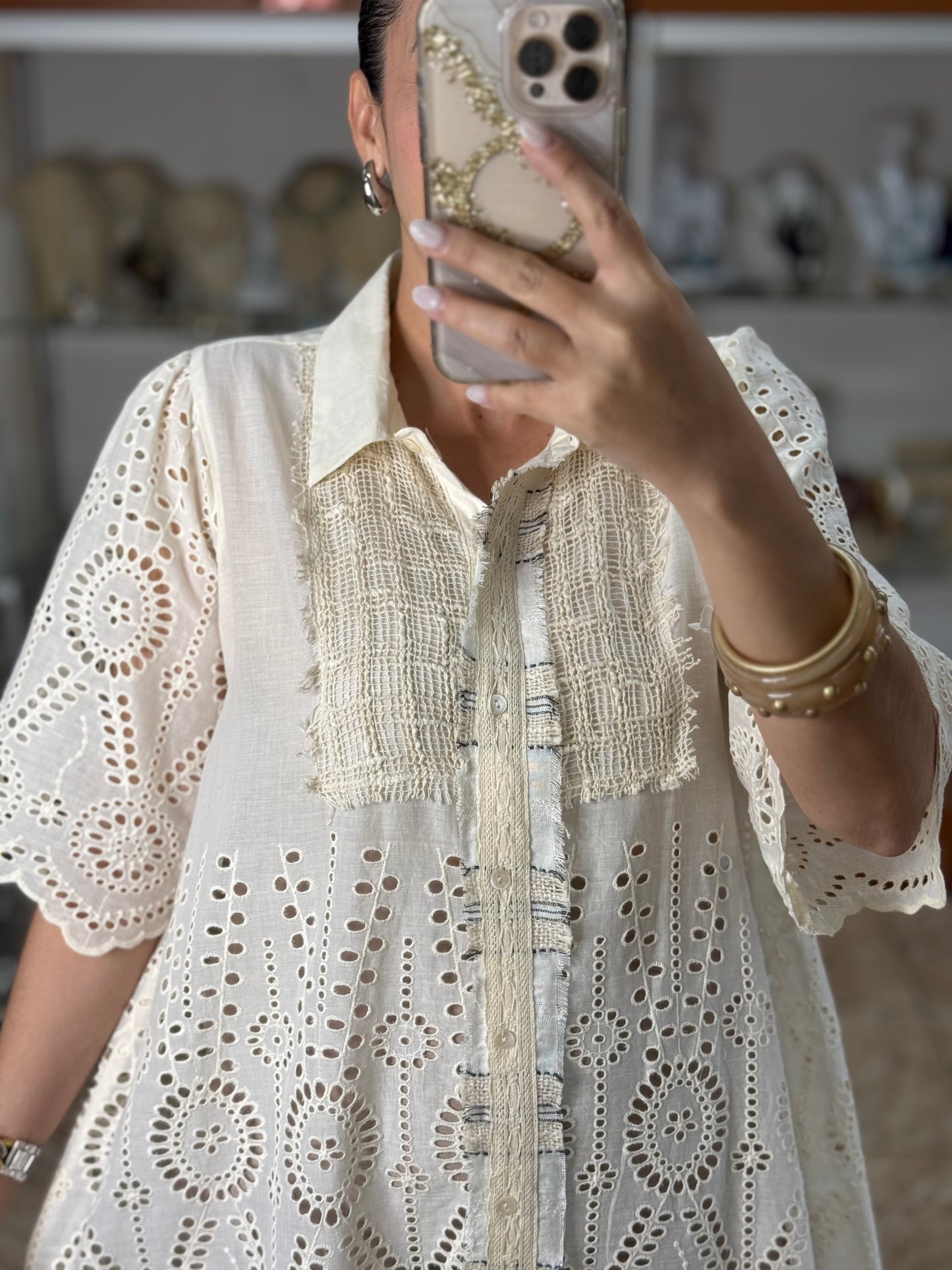 Natural Eyelet Button Down Dress