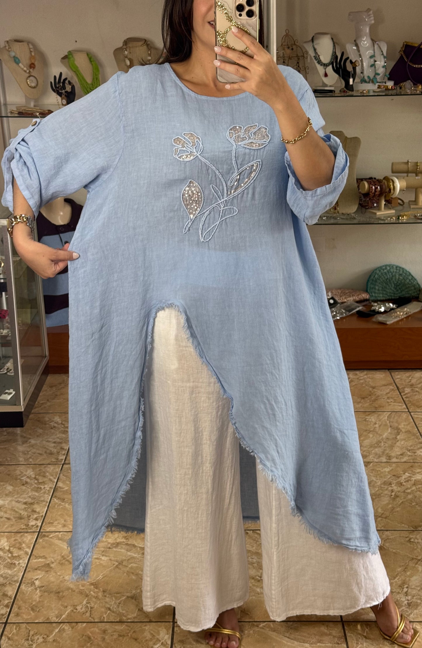 OS Asymmetrical Linen/Sequins Top (NO RETURNS OR EXCHANGE) (PANT SOLD SEPARATELY)