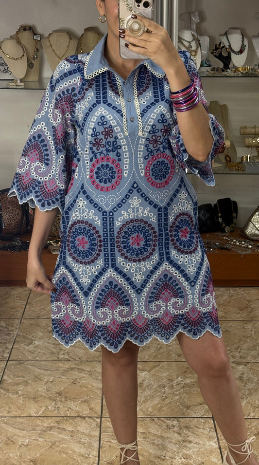 Blue Mix Embroidered Mini Dress