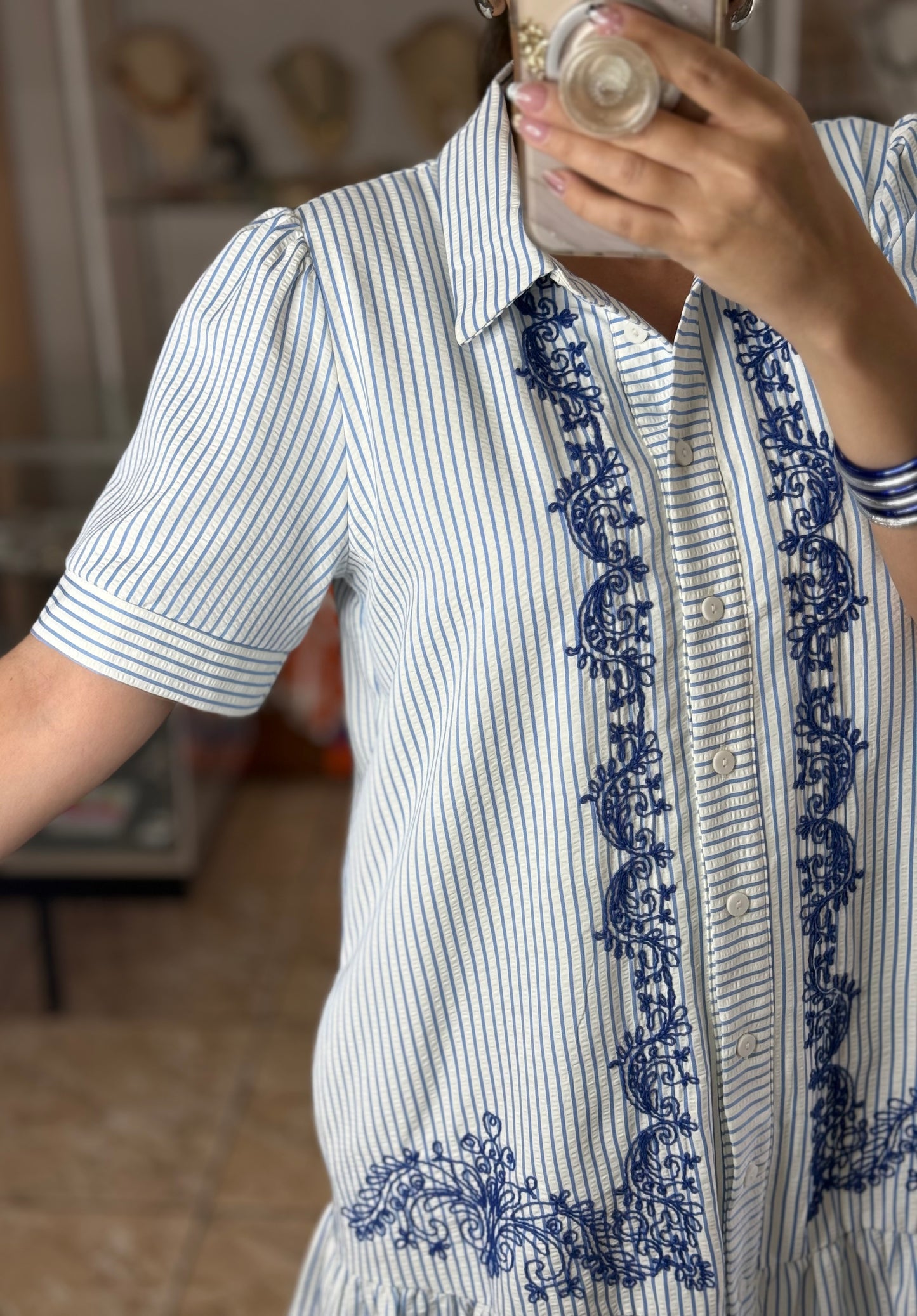 Blue Mix Stripes/Embroidered Dress
