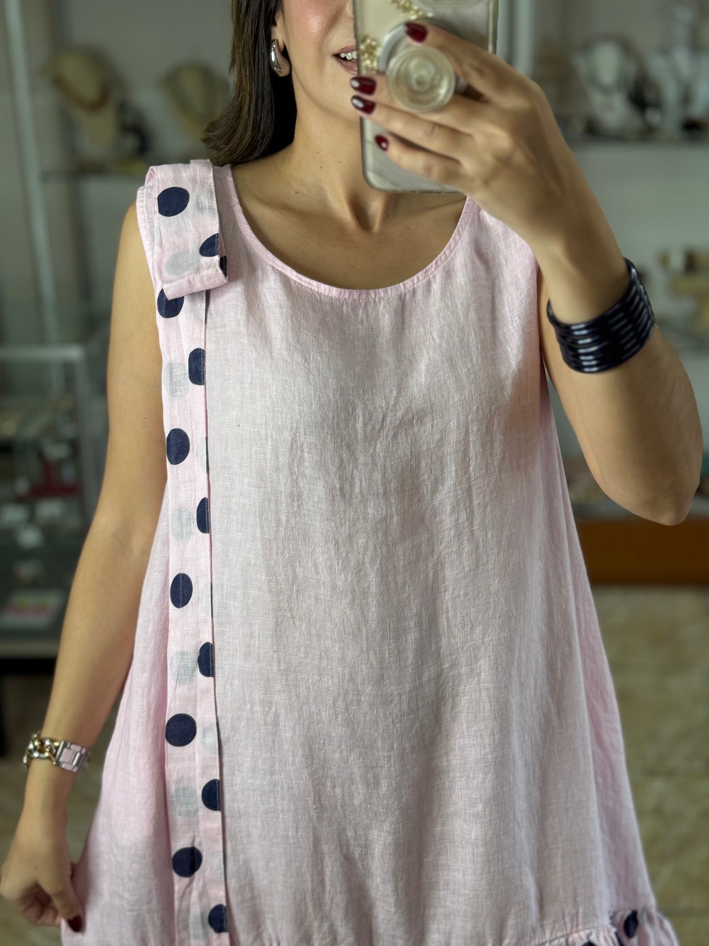 Navy Polkadots OS Linen Short Dress (NO RETURNS OR EXCHANGE)