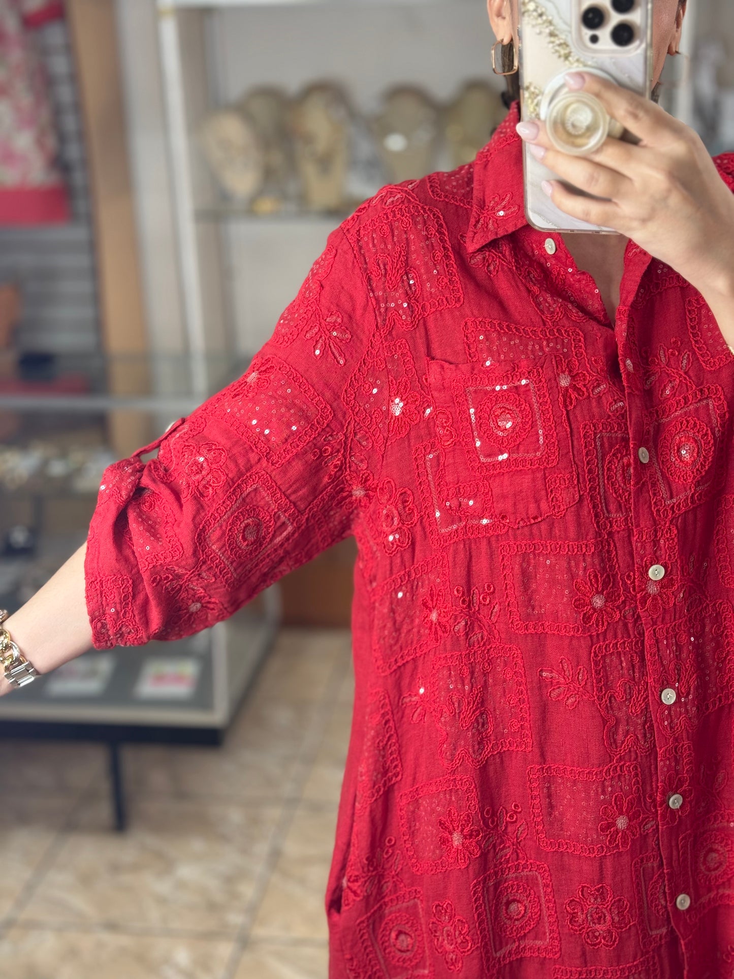 OS Sequins Embroidered Linen Maxi Dress (NO RETURNS OR EXCHANGE)