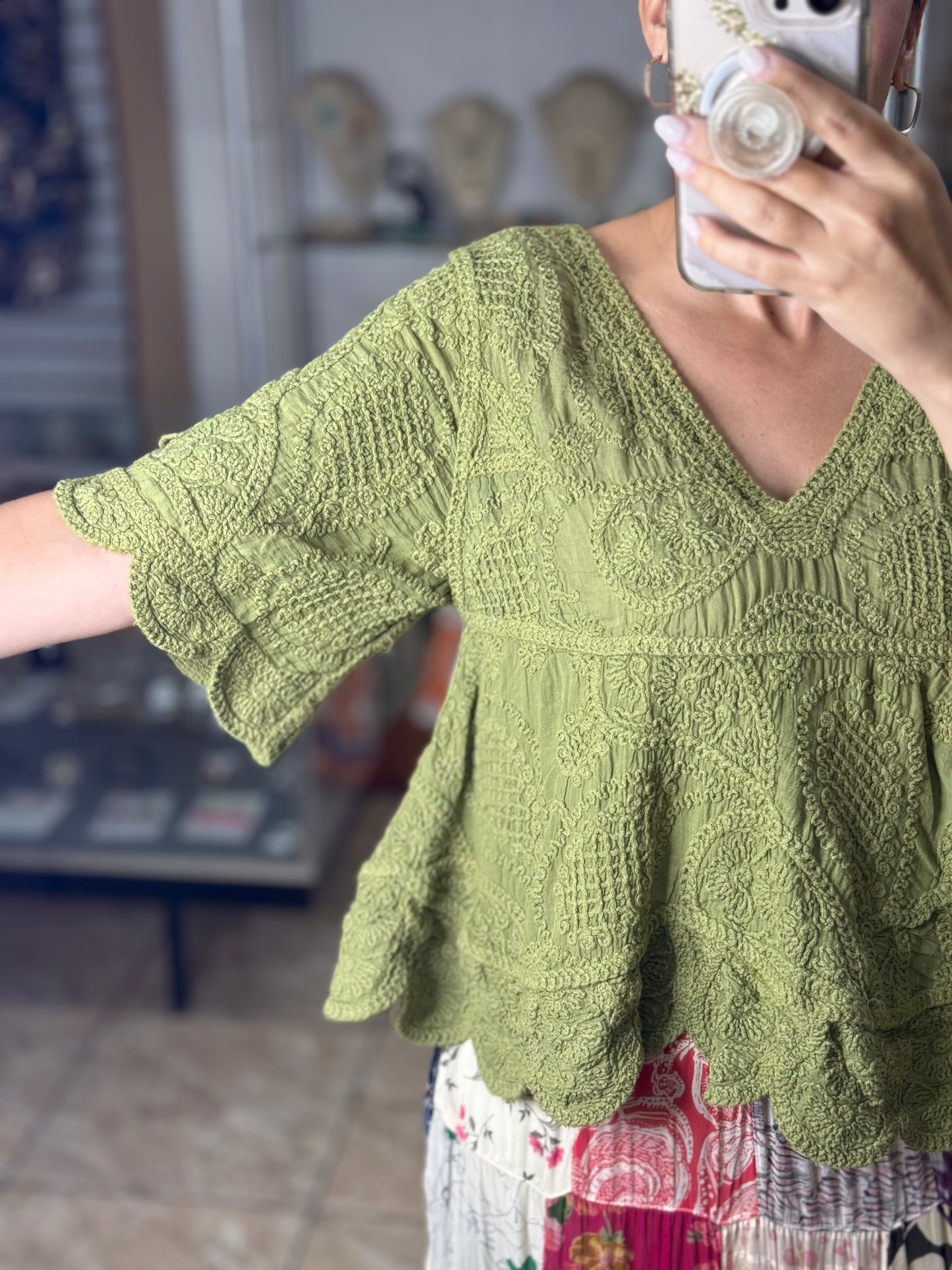 OS Green Embroidered Boho Top (NO RETURNS OR EXCHANGE)