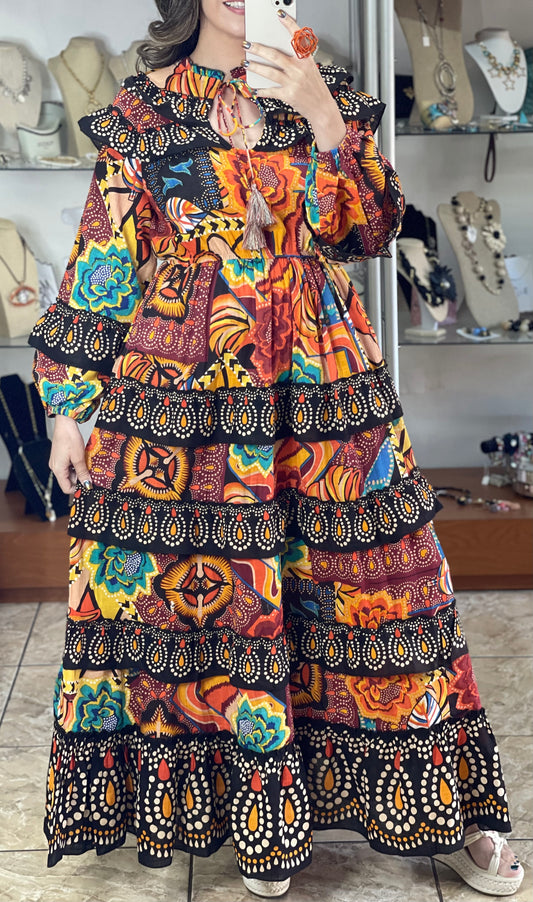 Black/Orange Floral OS Maxi Dress