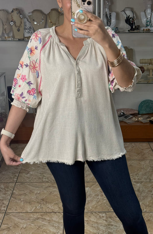 Cream Floral Embroidered Top