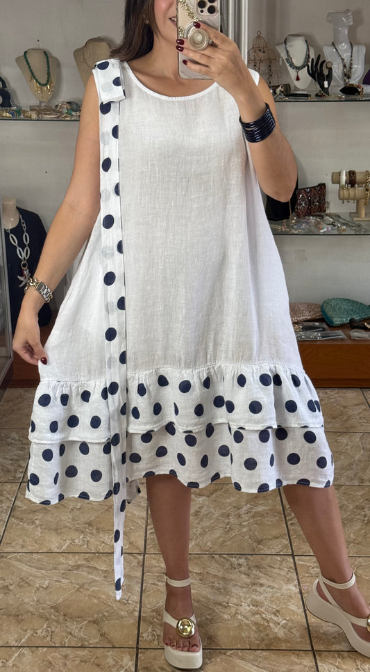 Navy Polkadots OS Linen Short Dress (NO RETURNS OR EXCHANGE)