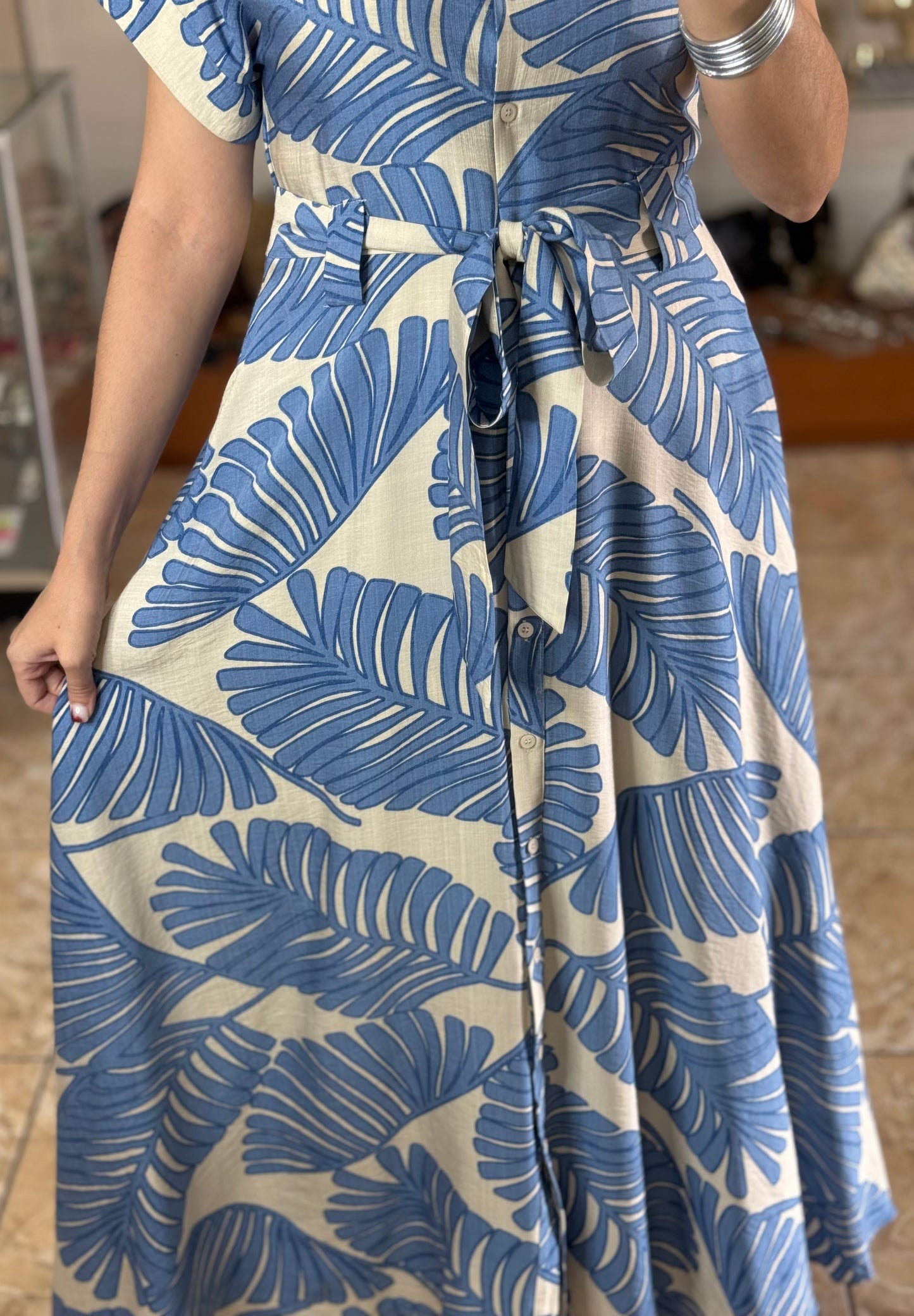 Blue Leaves Belted Maxi Dress