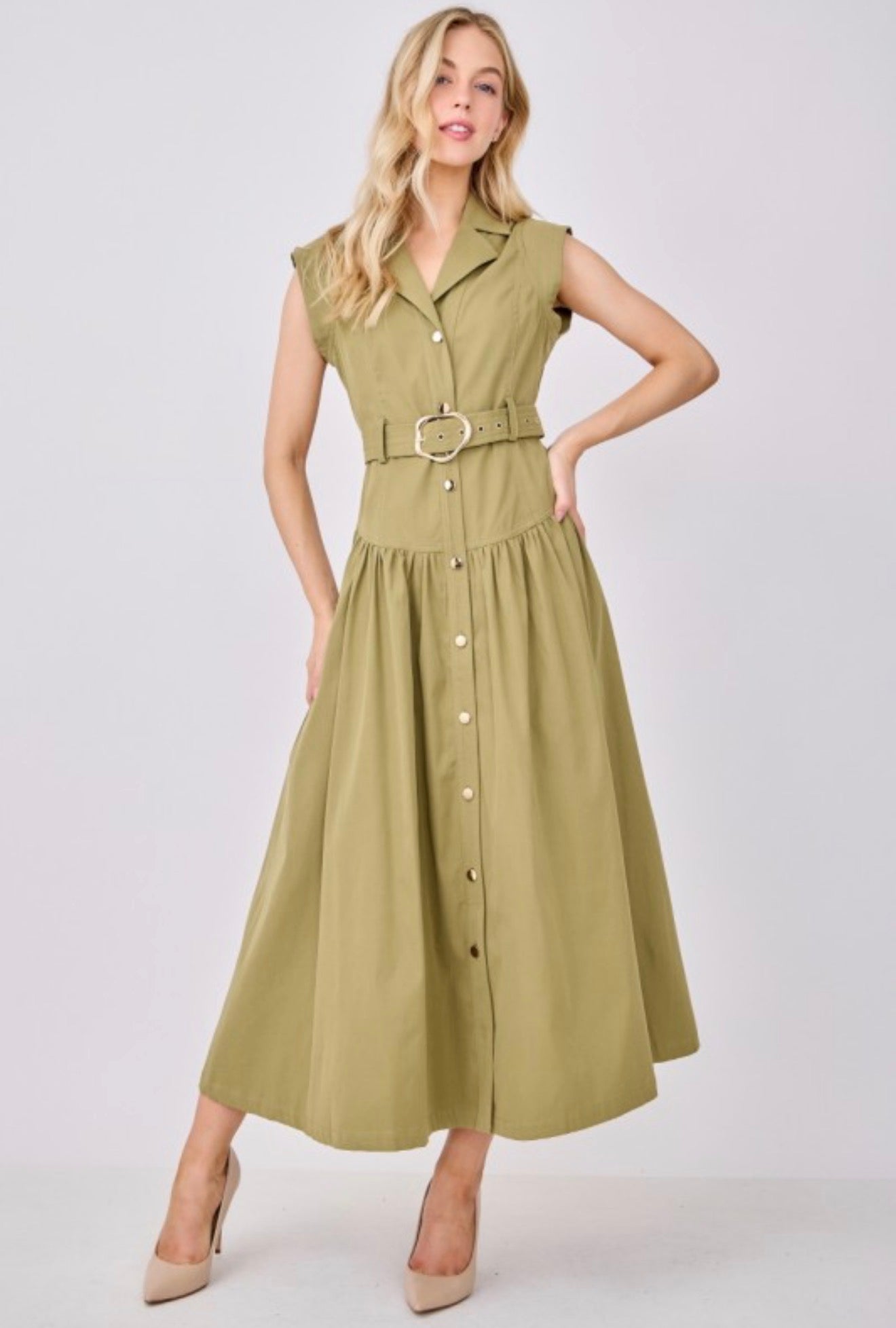 Olive Cap Sleeve Button Down Dress