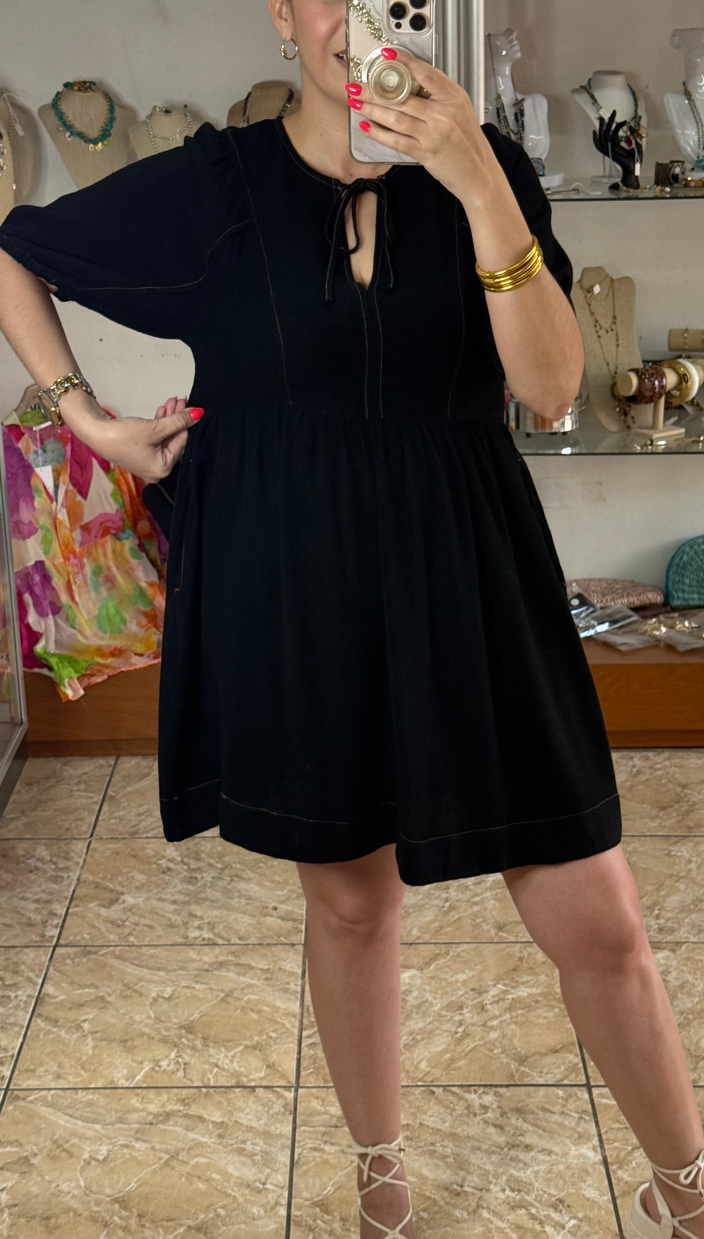 Black Linen Blend V-Neck Dress