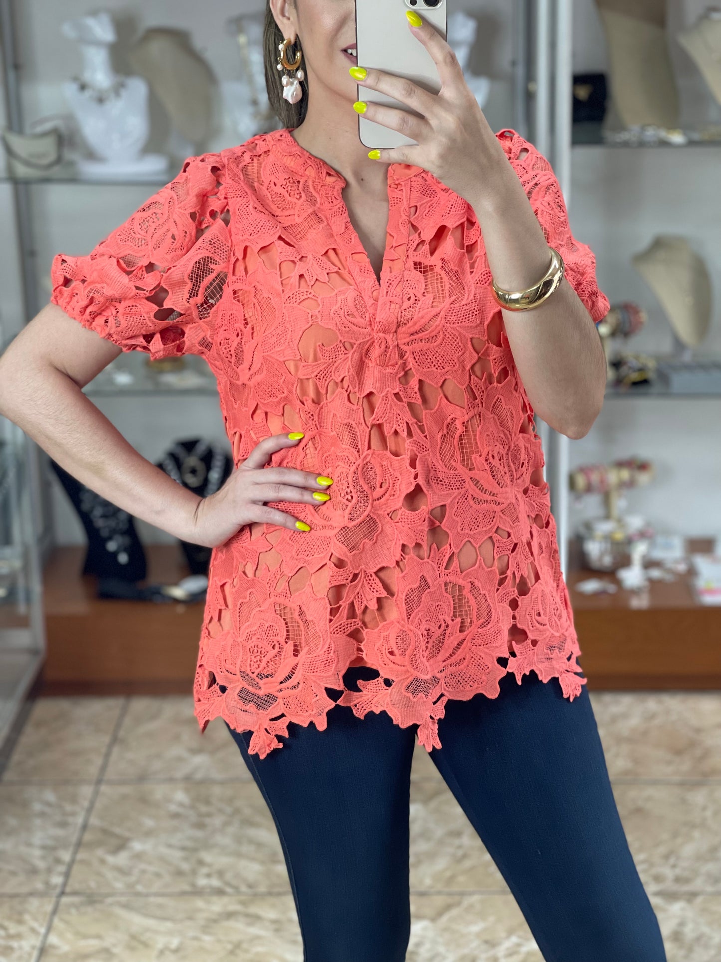 Coral Floral Lace Top