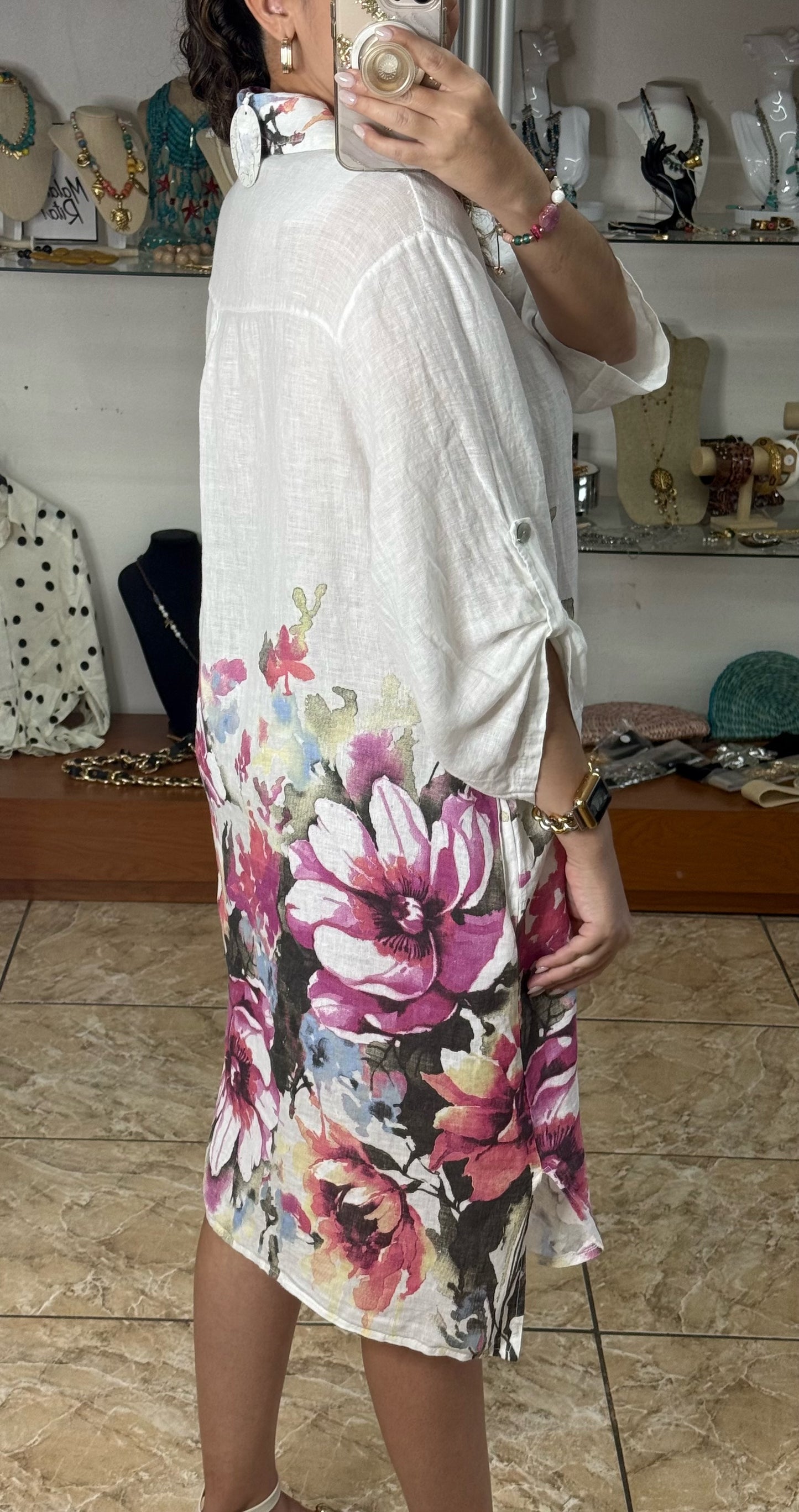 Pink Flowers OS Linen Dress (NO RETURNS OR EXCHANGE)