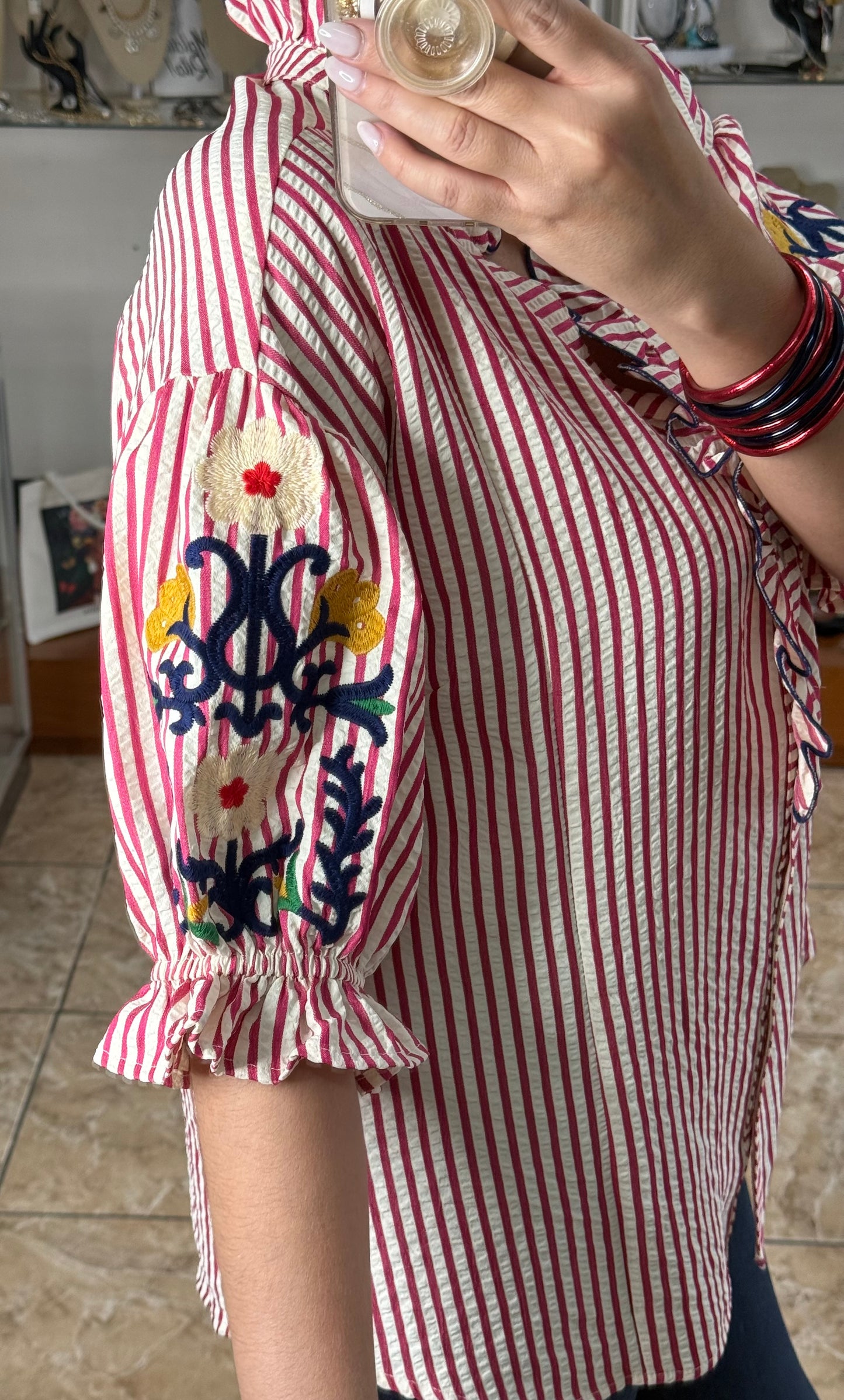 Raspberry Stripes Embroidered Sleeves Top
