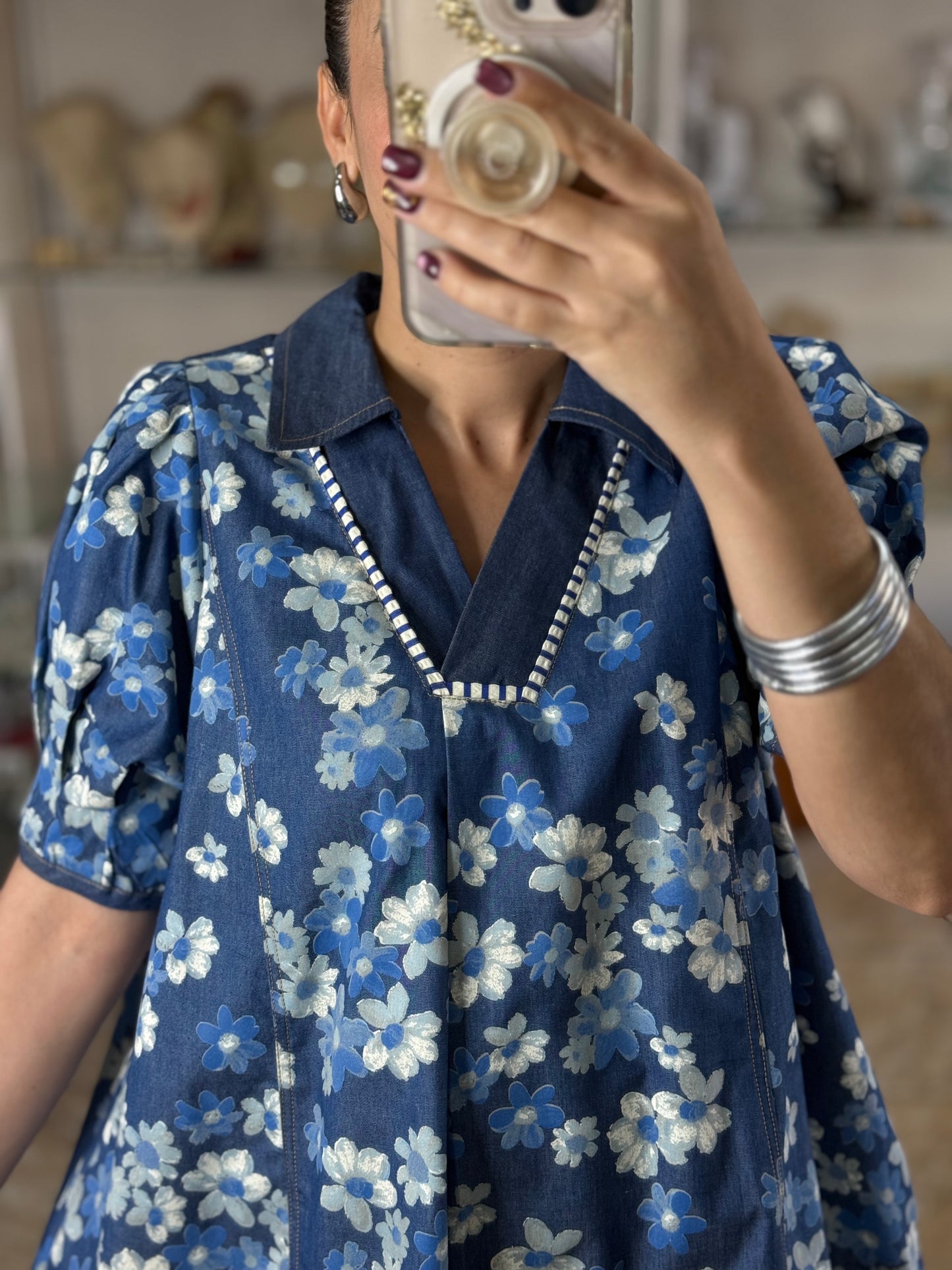 Chambray Floral Puff Sleeves Dress