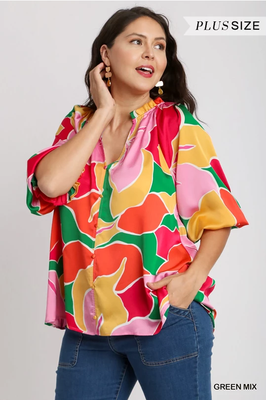 Satin Abstract Print Boxy Cut Top (PLUS)