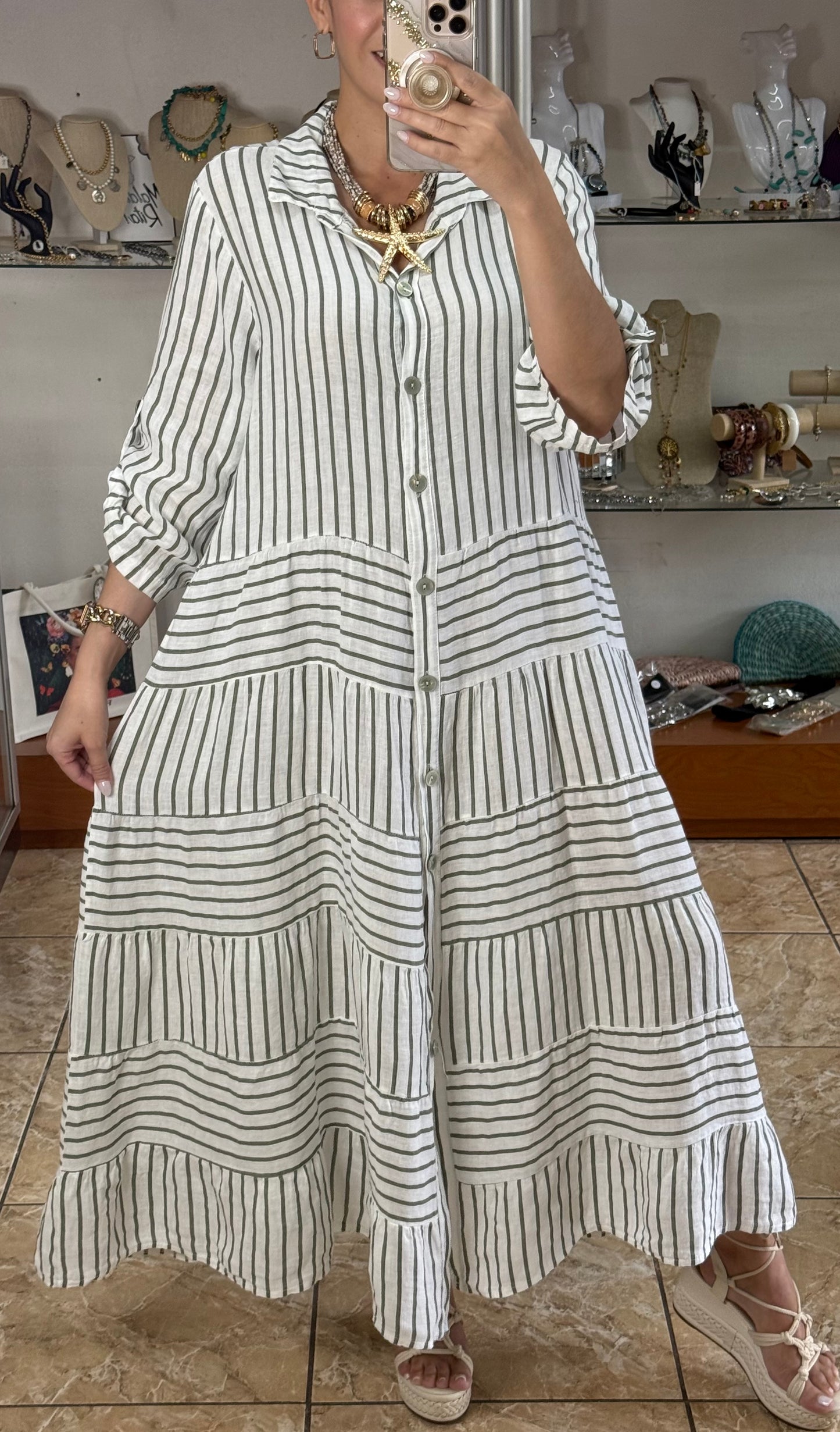 OS Linen Stripes Button Down Maxi Dress (NO RETURNS OR EXCHANGE)