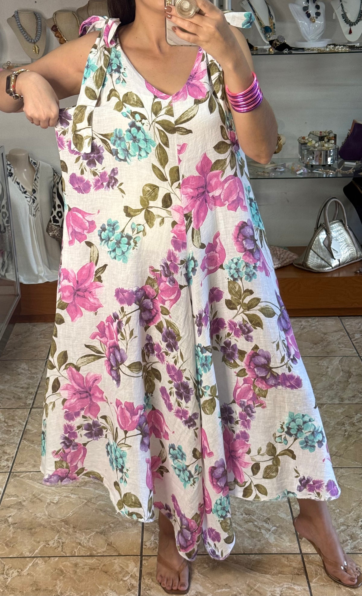 OS Pink/Purple Floral Linen Jumpsuit (NO RETURNS OR EXCHANGE)