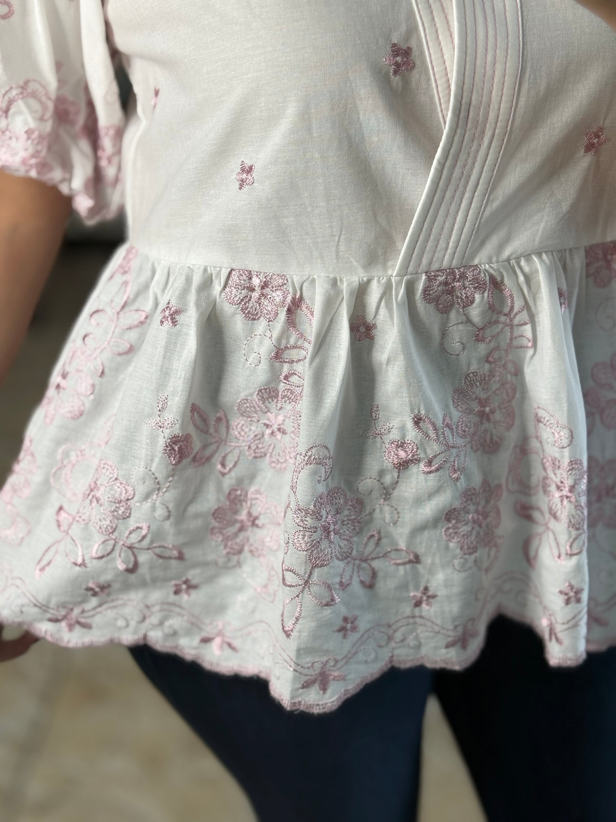 Puff Sleeve Peplum Embroidered Top