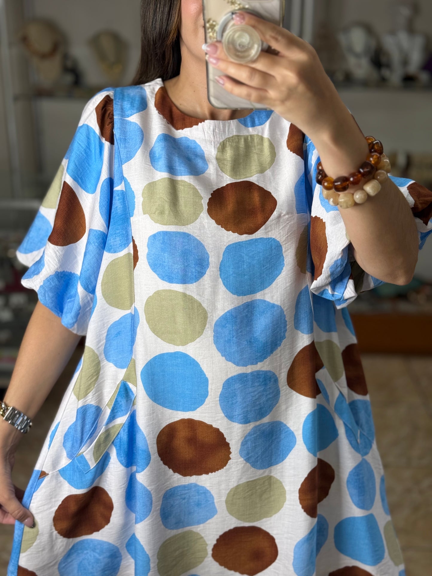 Blue Mix Polkadots Mini Dress