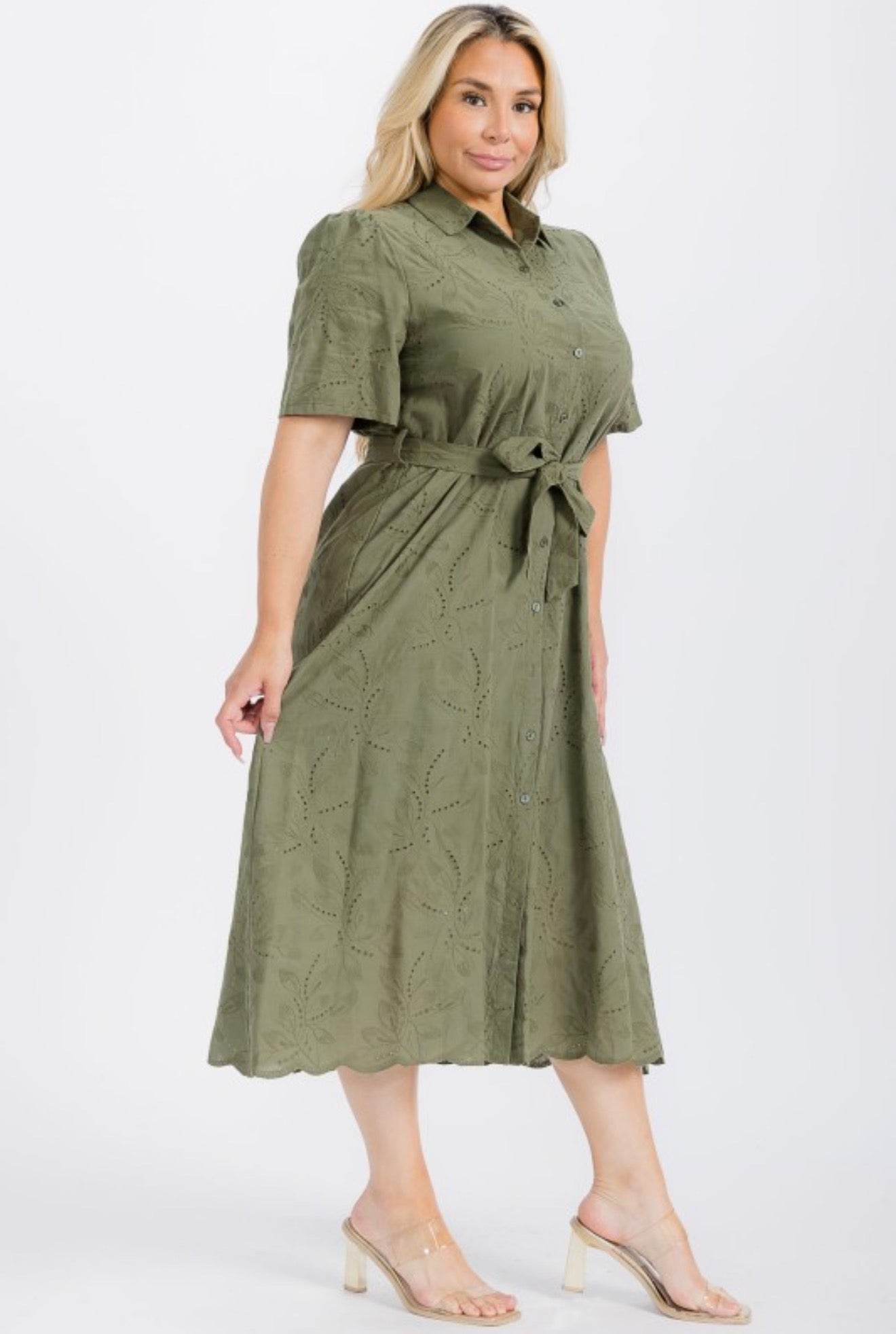 Olive Button Down Eyelet Midi Dress (PLUS)