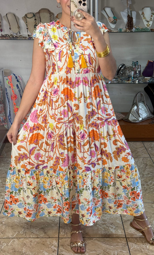 Orange Mix Floral Midi Dress