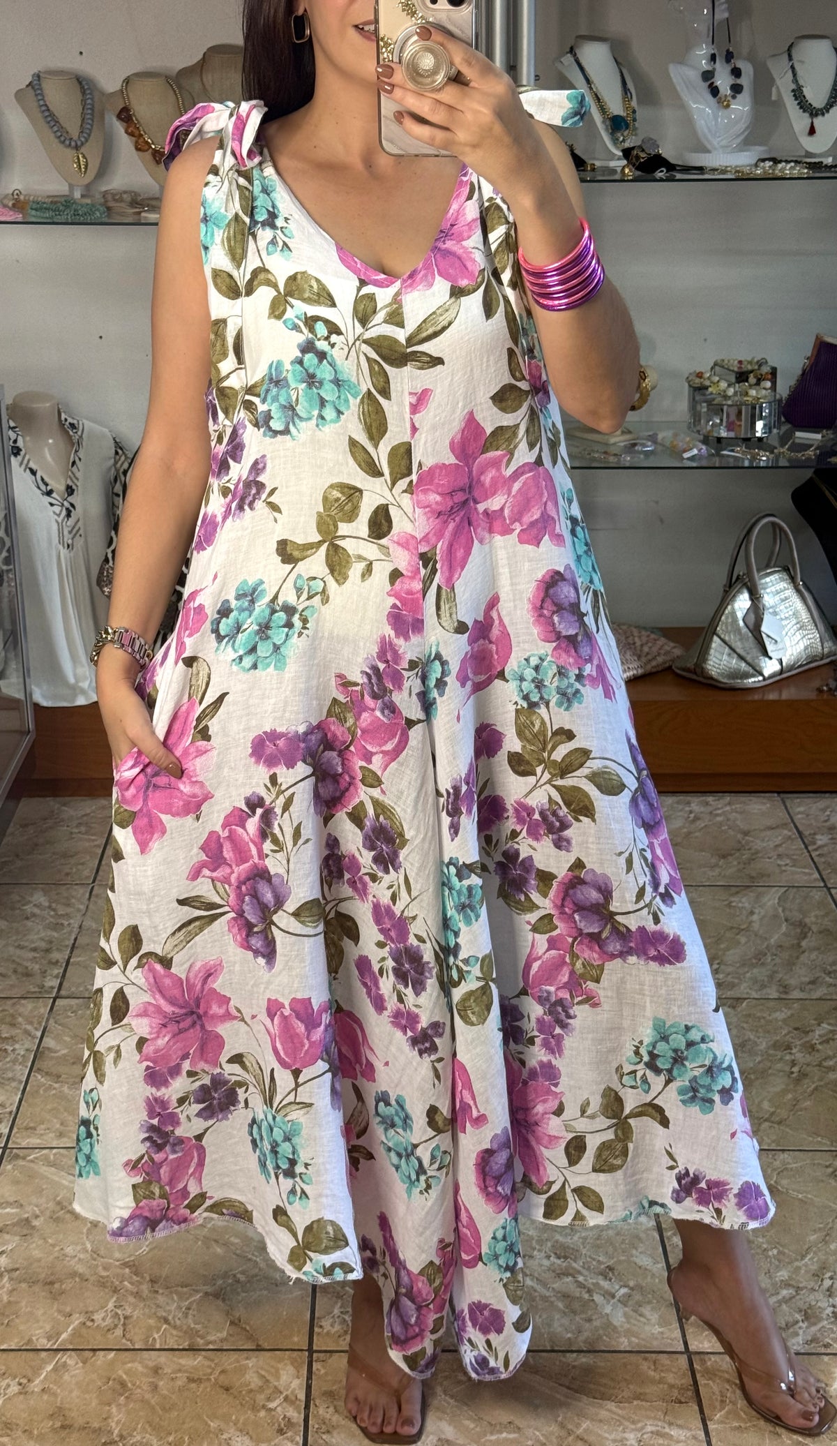 OS Pink/Purple Floral Linen Jumpsuit (NO RETURNS OR EXCHANGE)