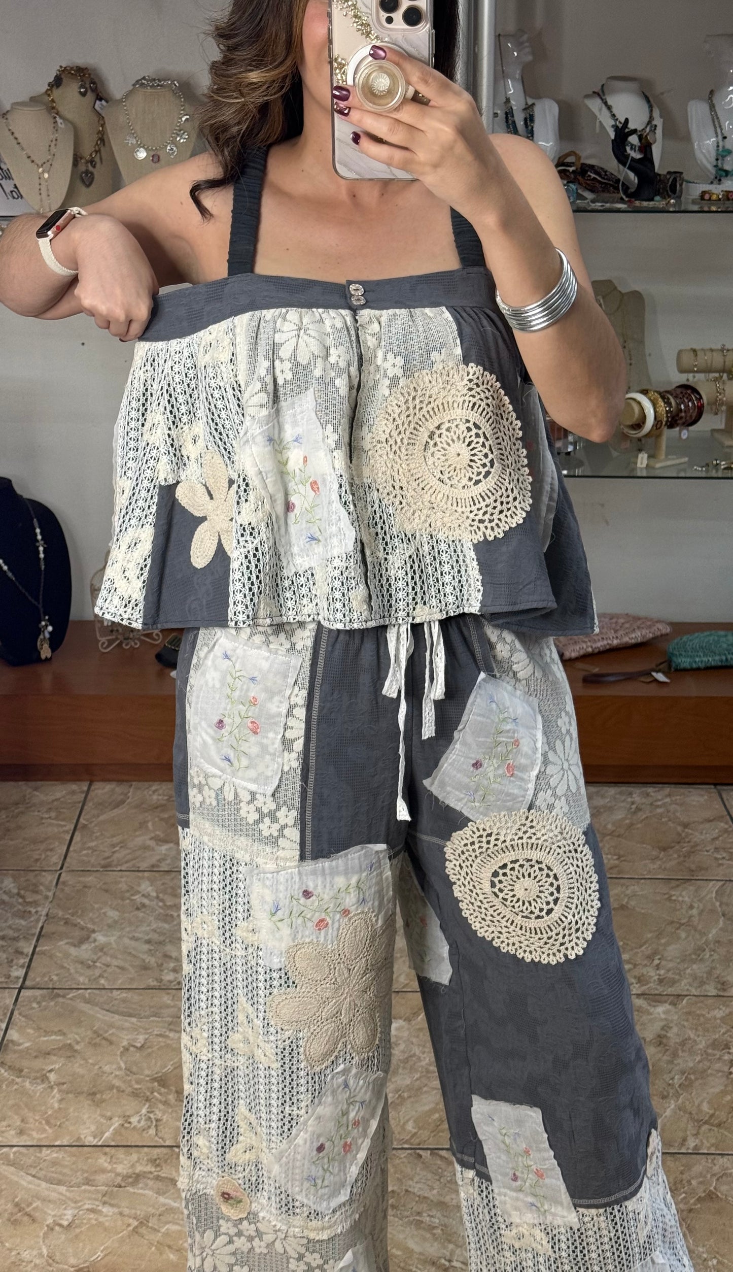 Charcoal Grey Crochet Details Pant Set (FINAL SALE)