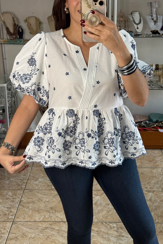 Puff Sleeve Peplum Embroidered Top