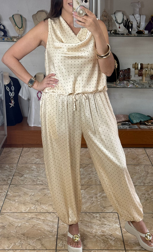 Ecru Polkadot Satin Top & Pant Set