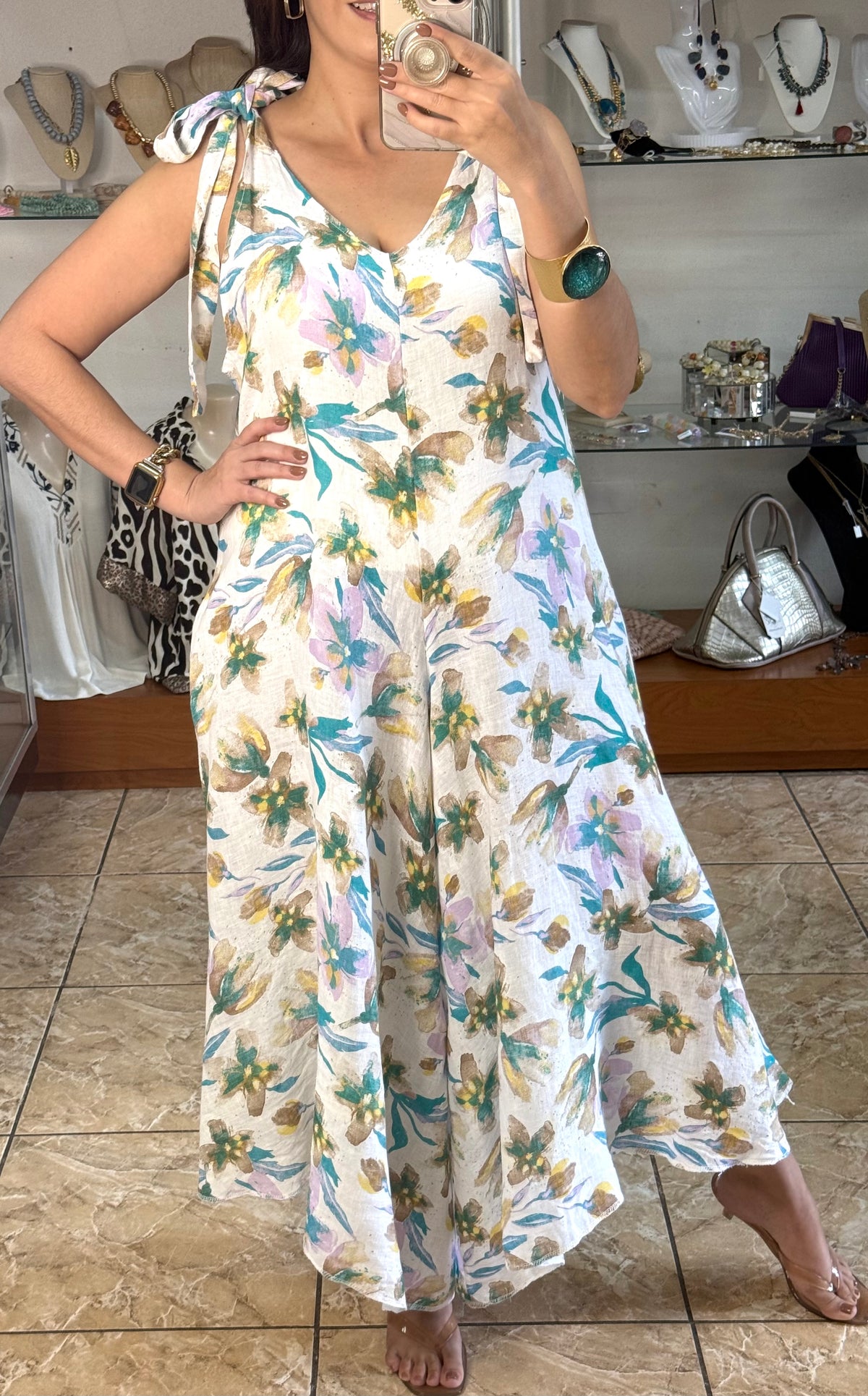 OS Pastel Floral Linen Jumpsuit (NO RETURNS OR EXCHANGE)
