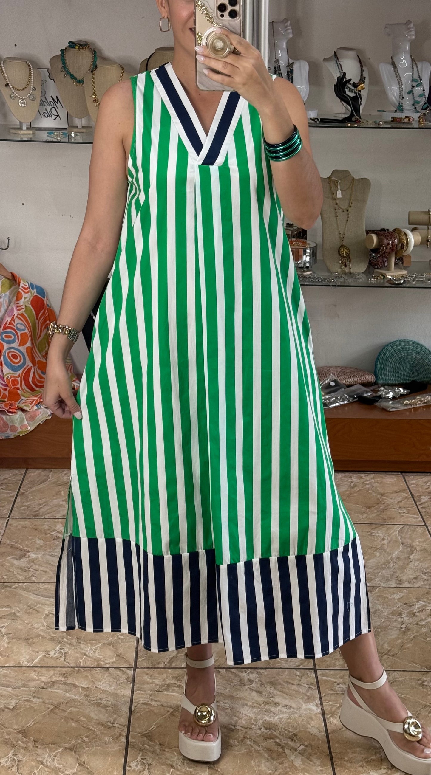 Green/Navy Stripes Midi Dress