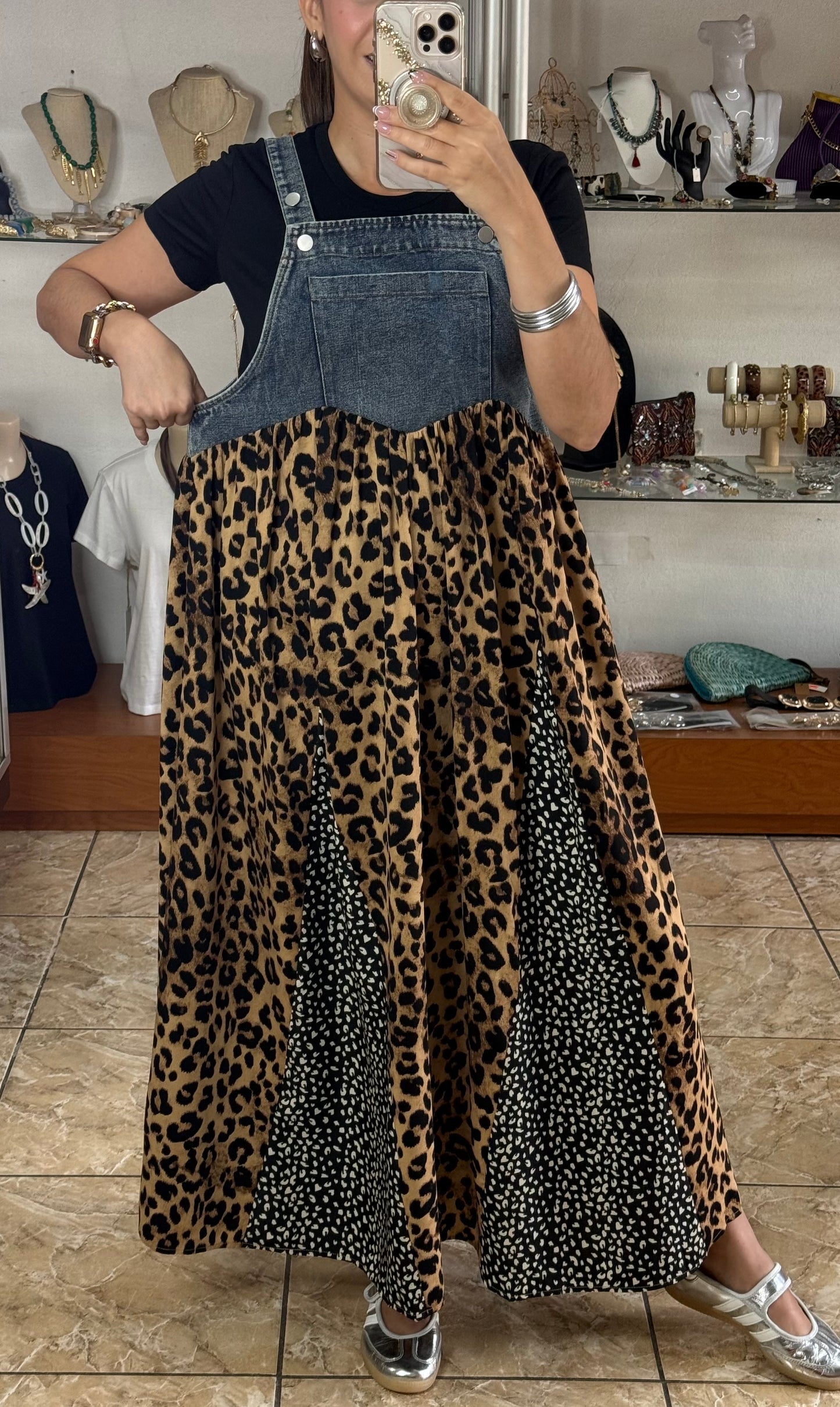 Denim Leopard Overall Dress (Top Sold Separately) Reg & Plus