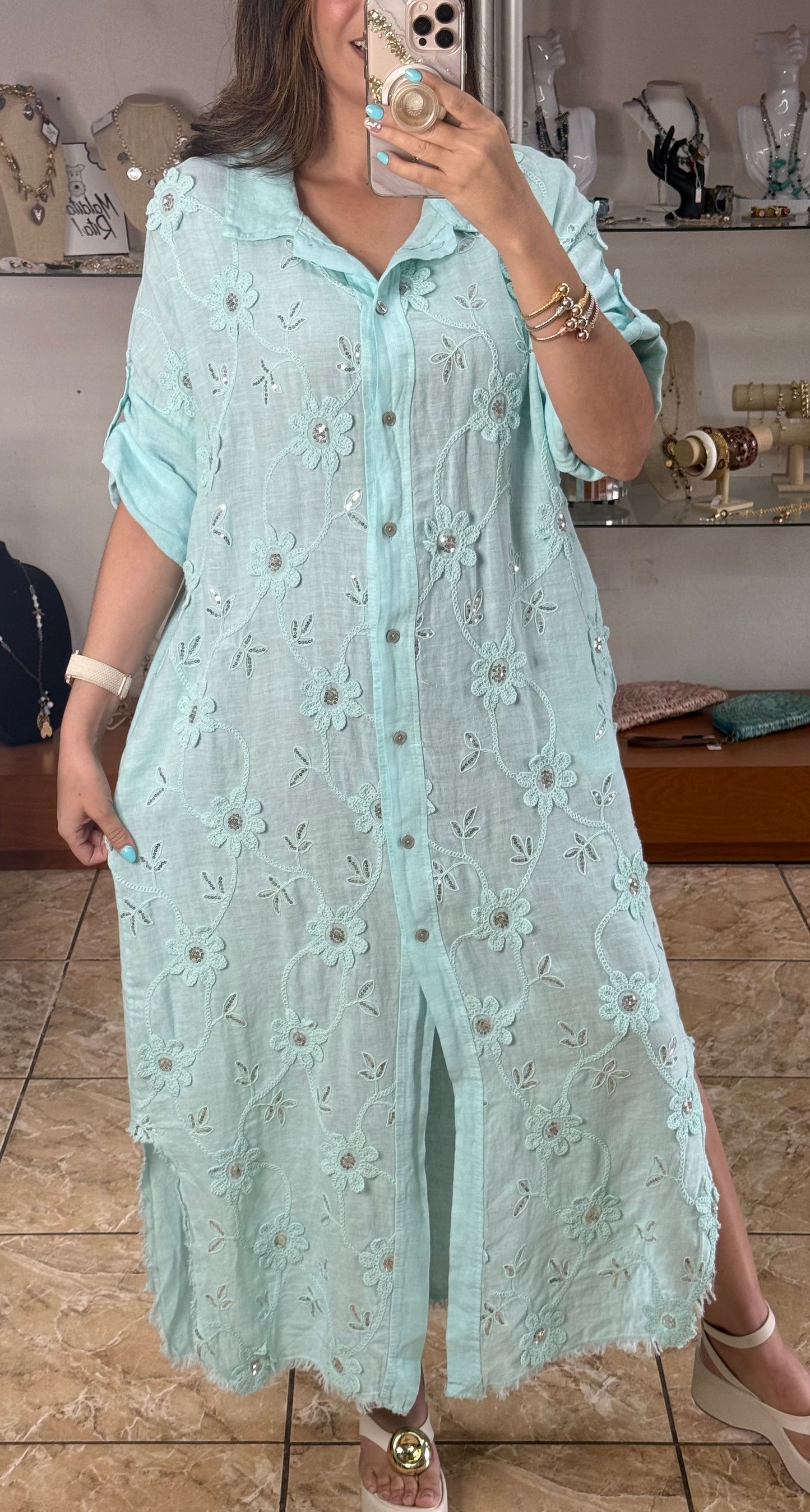 OS Embroidered/Sequins Linen Maxi Dress (NO RETURNS OR EXCHANGE)