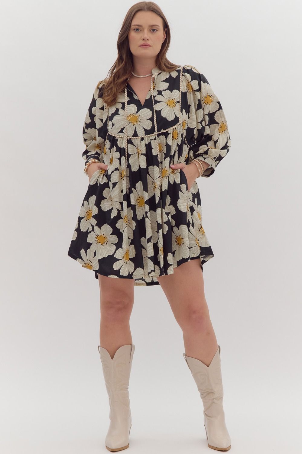 Black Floral V-Neck Mini Dress (PLUS)