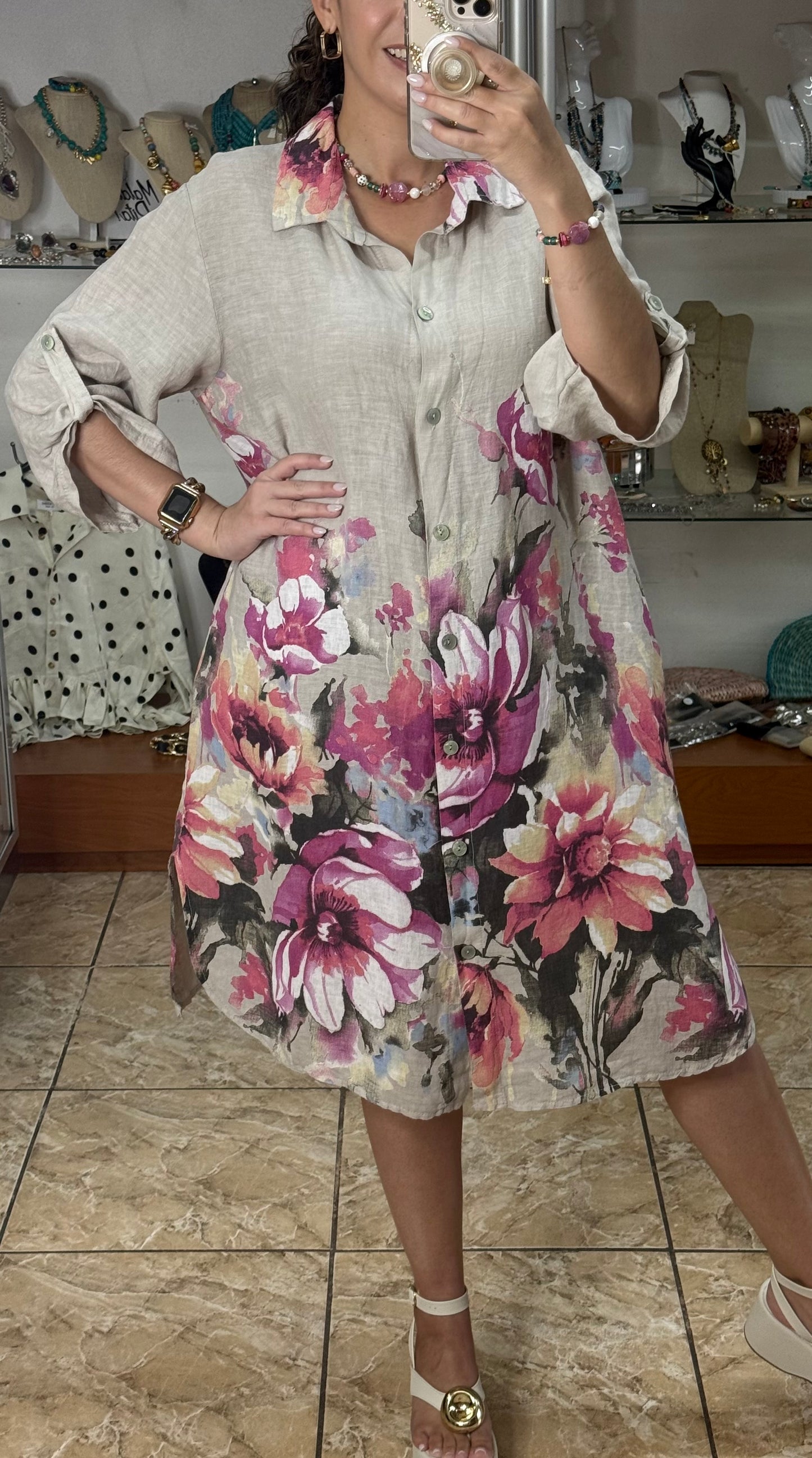 Pink Flowers OS Linen Dress (NO RETURNS OR EXCHANGE)