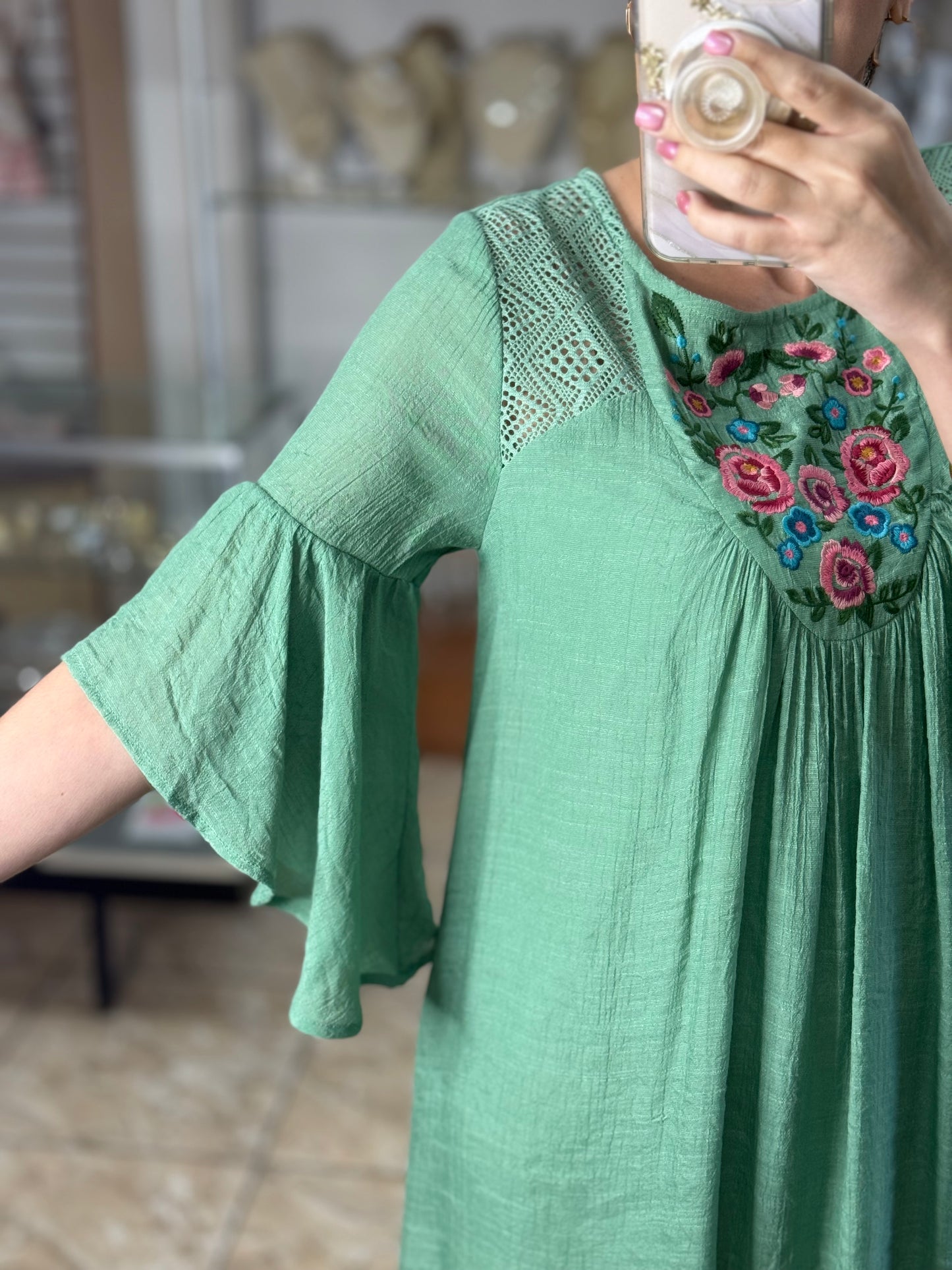Sage Floral Embroidered Dress (FINAL SALE)