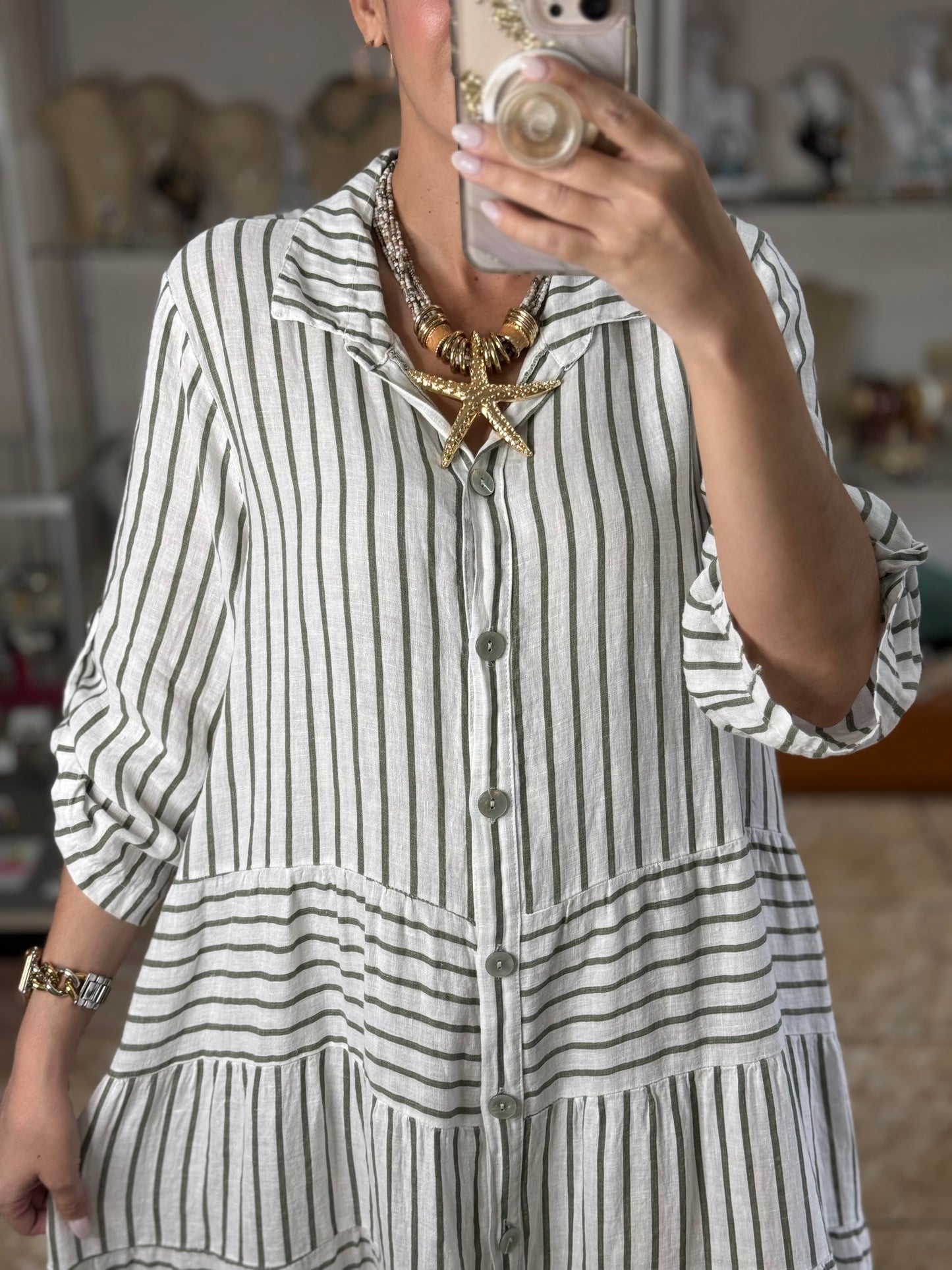OS Linen Stripes Button Down Maxi Dress (NO RETURNS OR EXCHANGE)