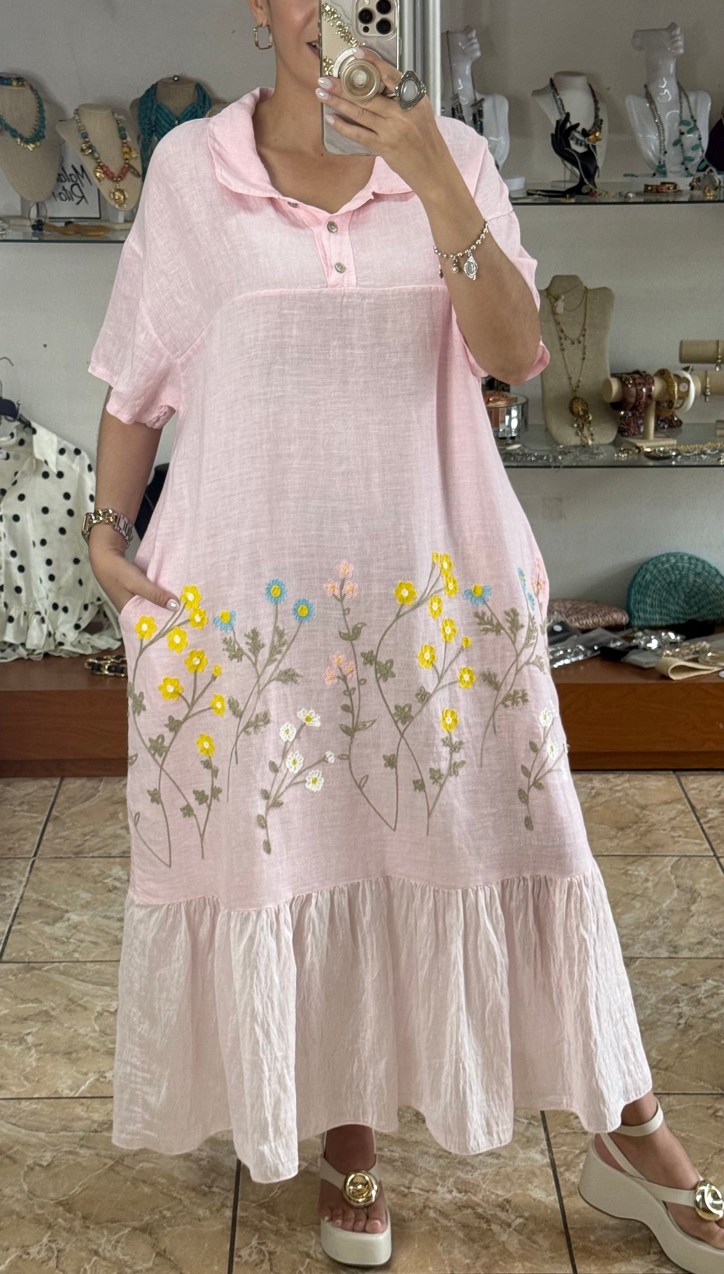 Floral Embroidered OS Linen Dress (NO RETURNS OR EXCHANGE)