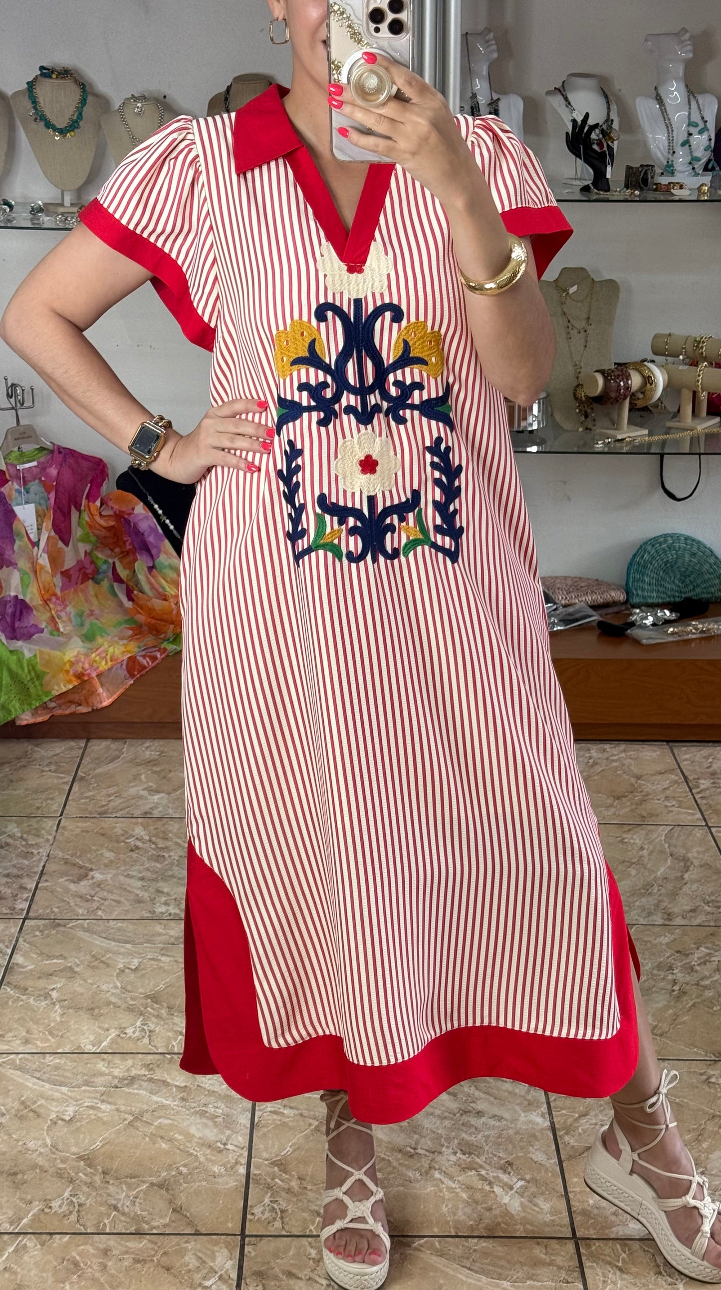 Red Stripes Embroidered Midi Dress