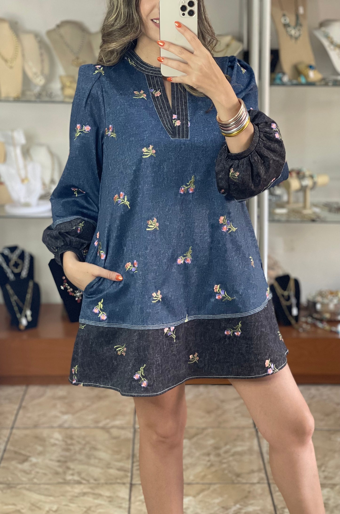 Long Sleeves Floral Embroidered Mini Dress