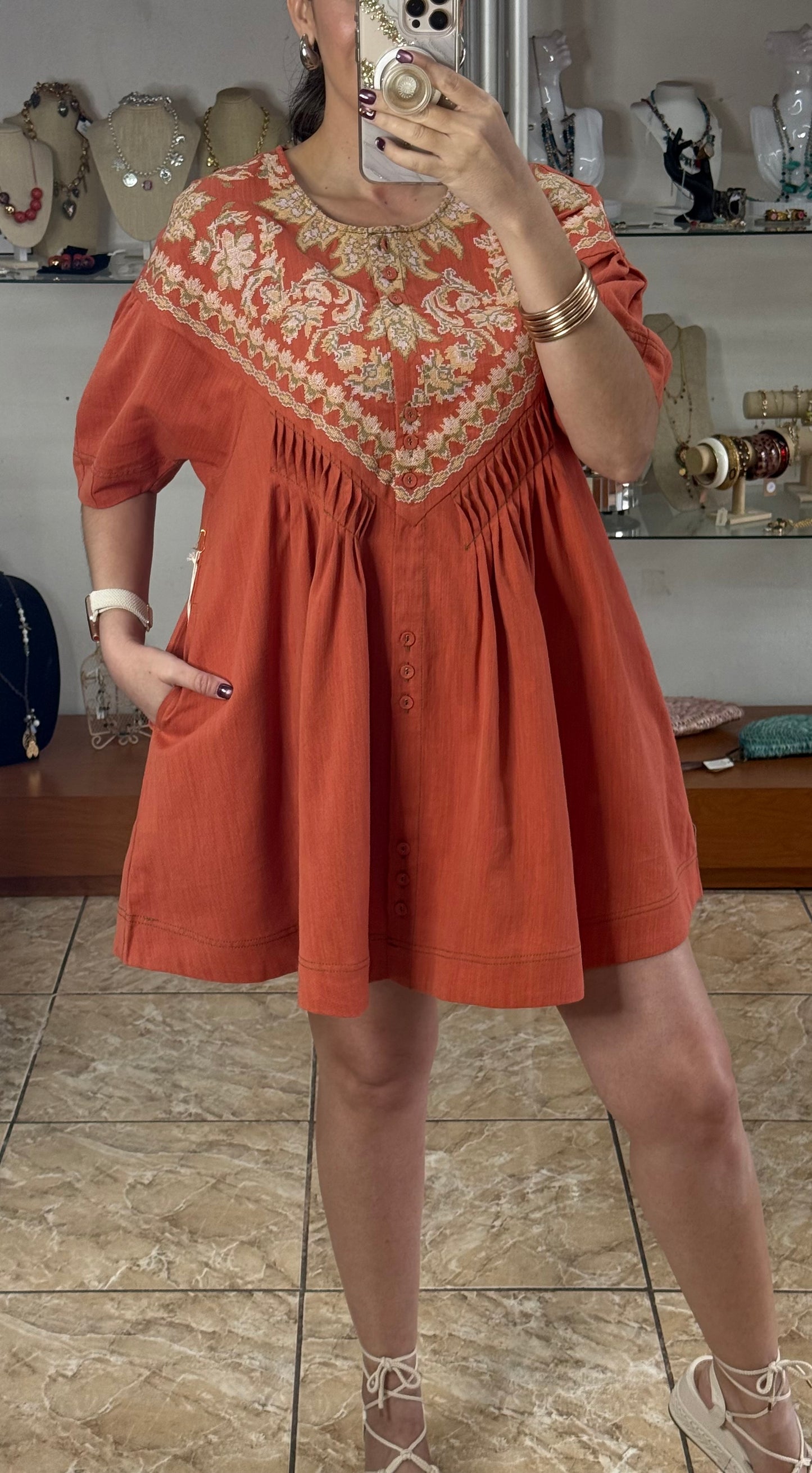 Burnt Orange Linen Blend Tunic Dress