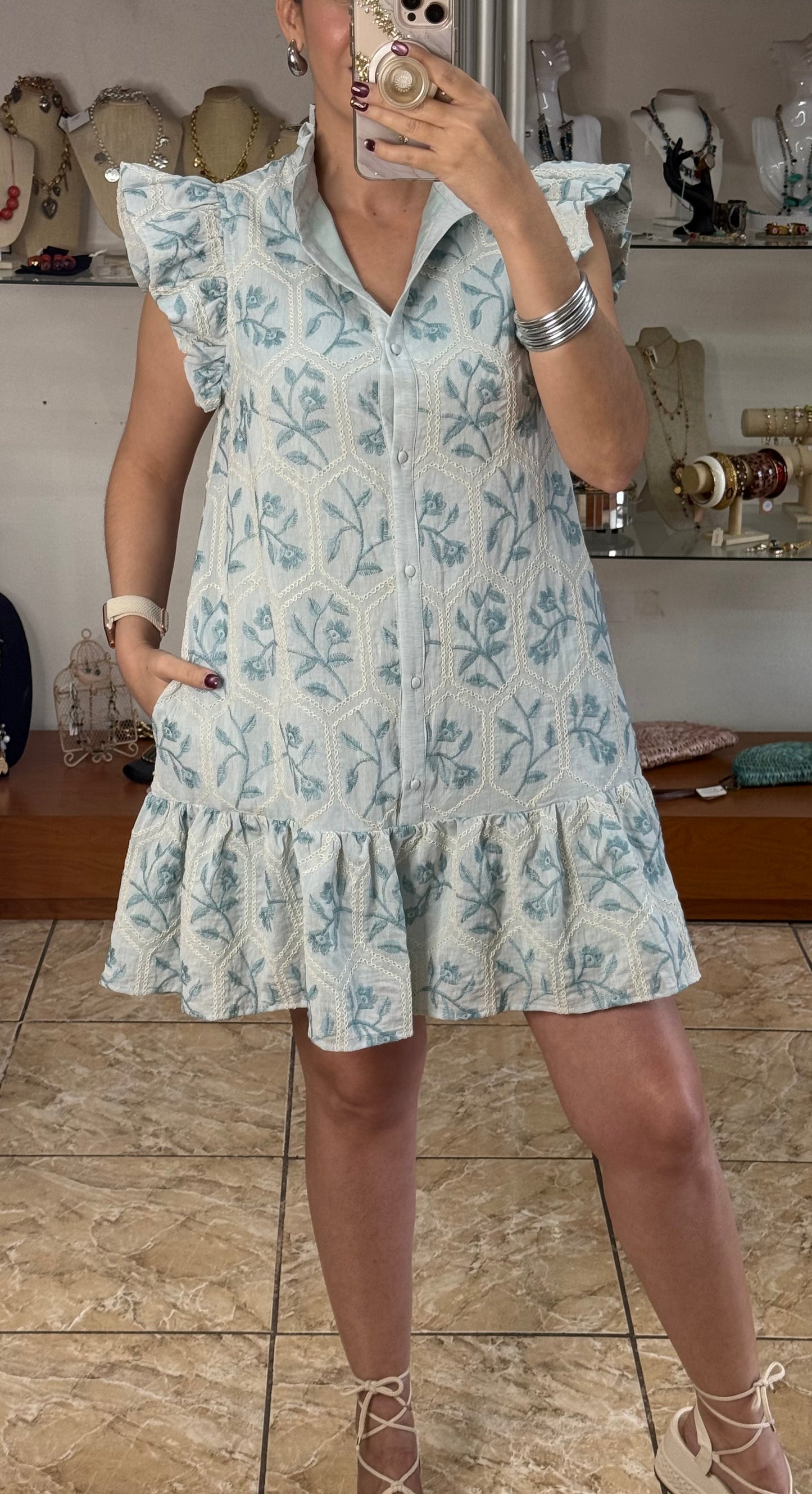 Mint Floral Embroidered Mini Dress