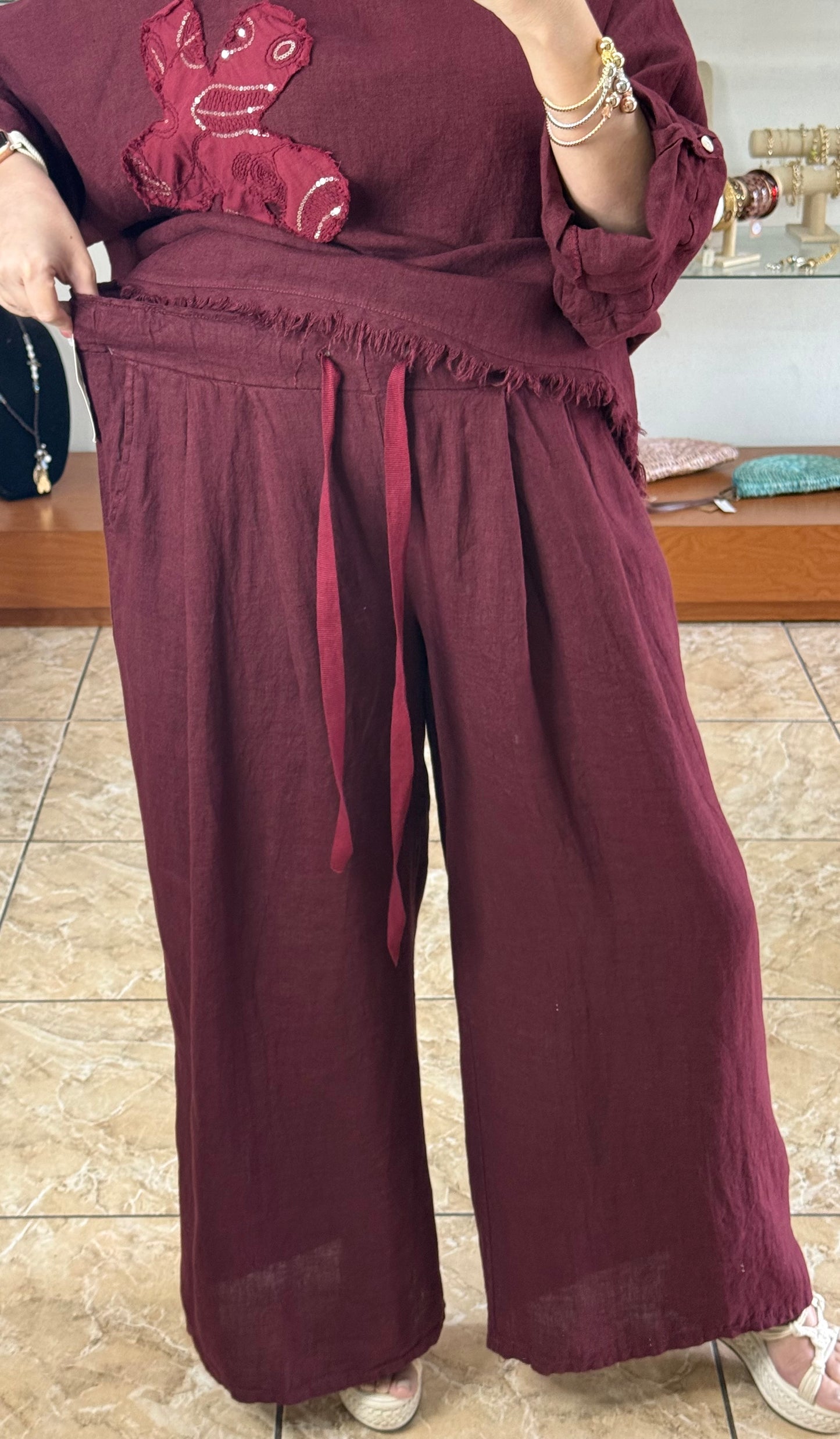 Flower Details OS Linen Pant Set (FINAL SALE)