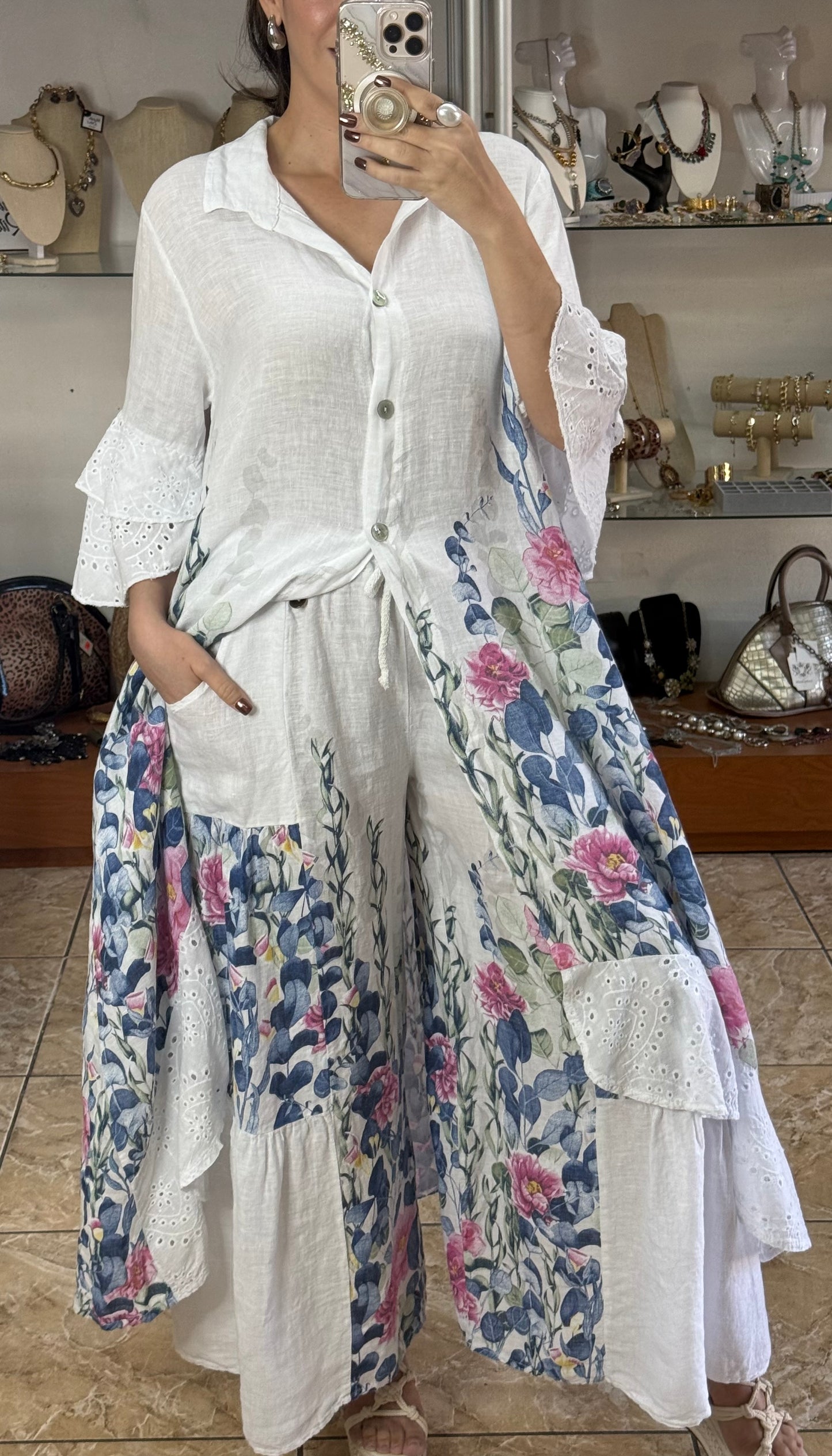 Linen Floral OS Top/Dress and Pant Set (FINAL SALE)
