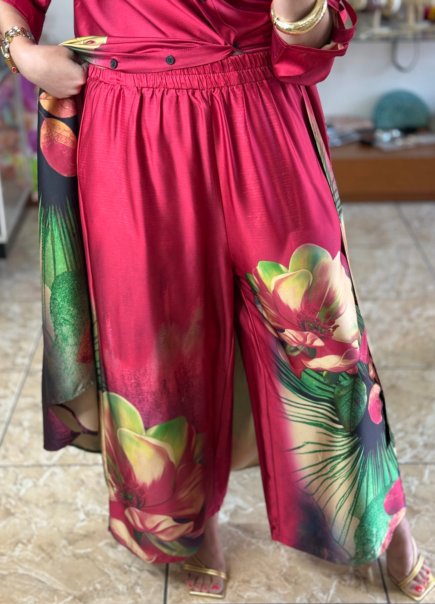 Pink Floral Silk OS Top/Dress & Pant Set (NO RETURNS OR EXCHANGE)