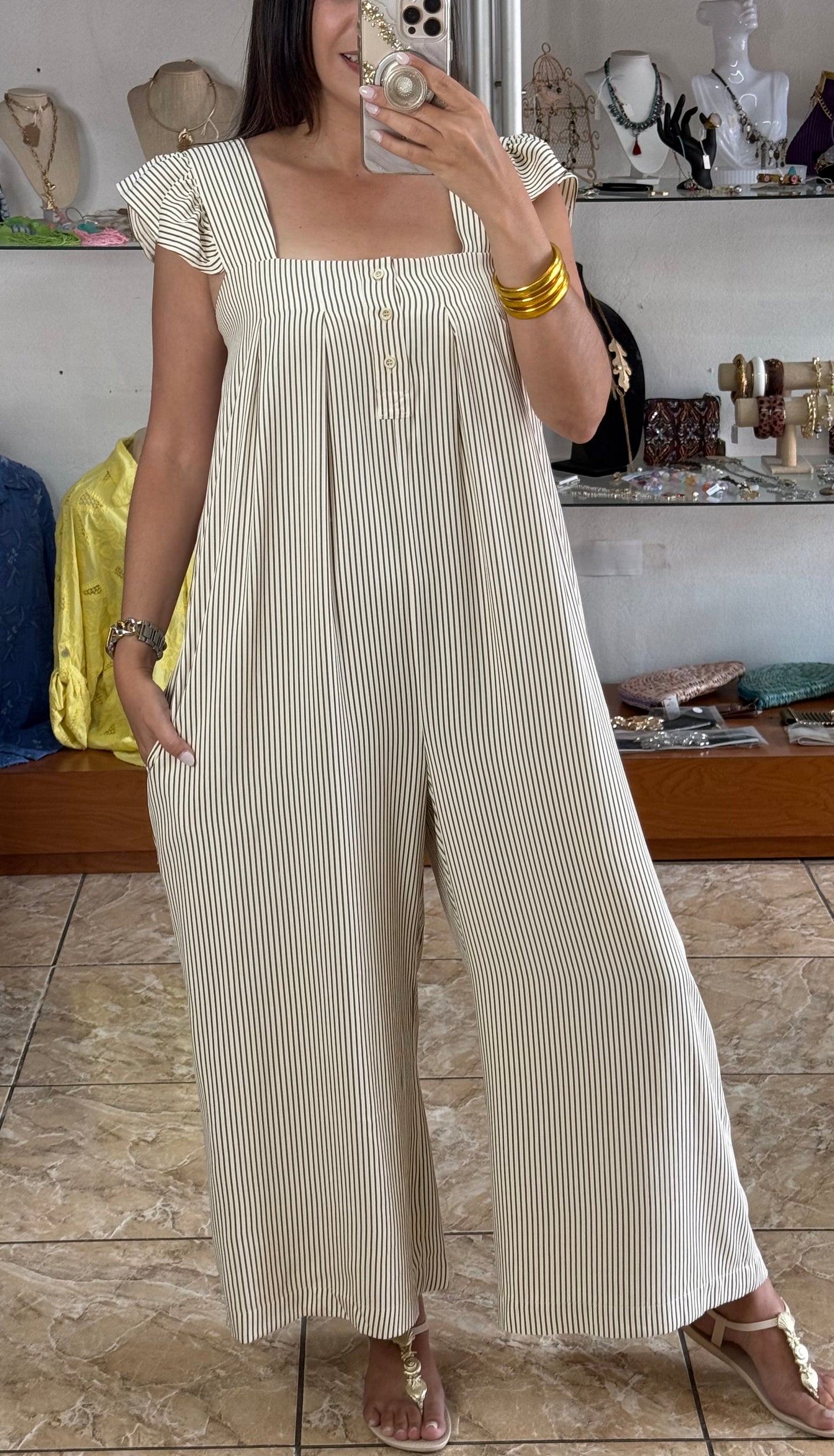 Oatmeal/Brown Stripes Jumpsuit