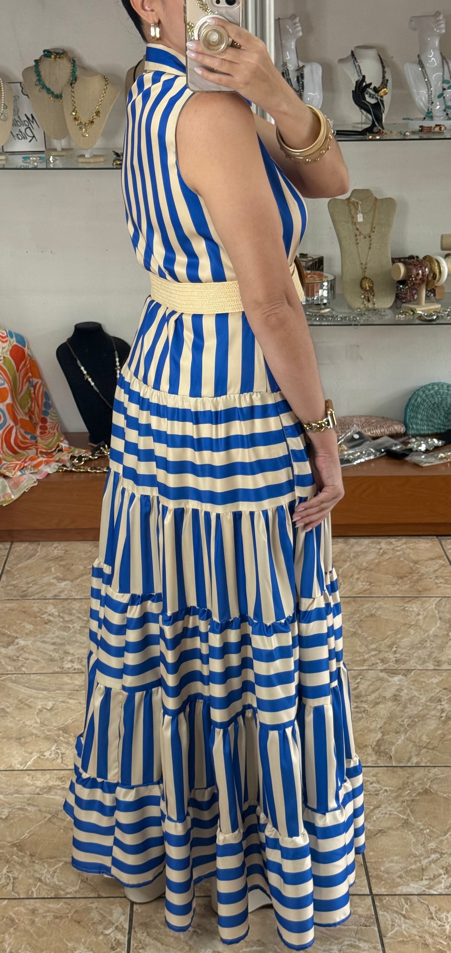 Blue Stripes Belted Maxi Dress